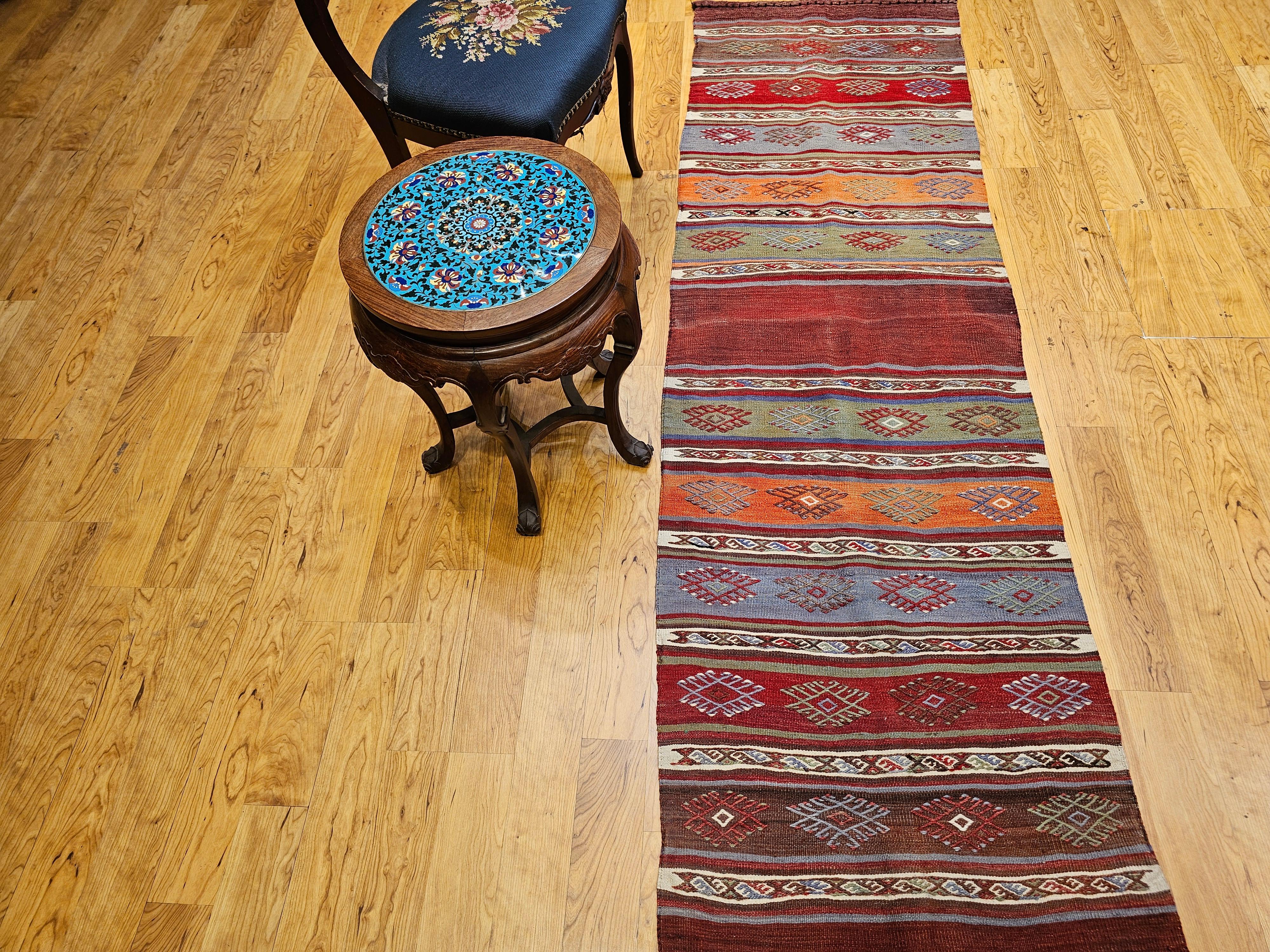 Vintage Moroccan Kilim Runner in Geometric Banded Pattern in Red, Purple, Green For Sale 7