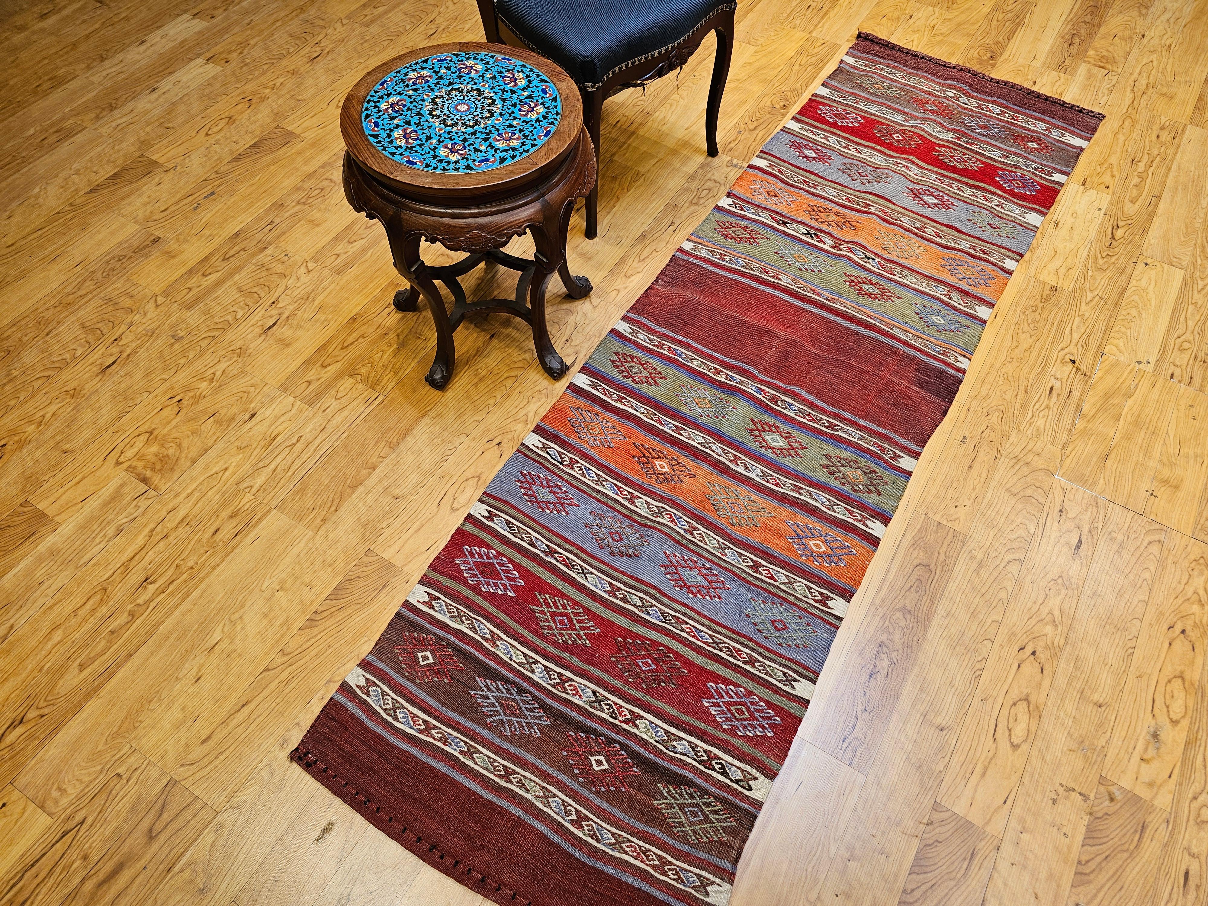 Vintage Moroccan Kilim Runner in Geometric Banded Pattern in Red, Purple, Green For Sale 8