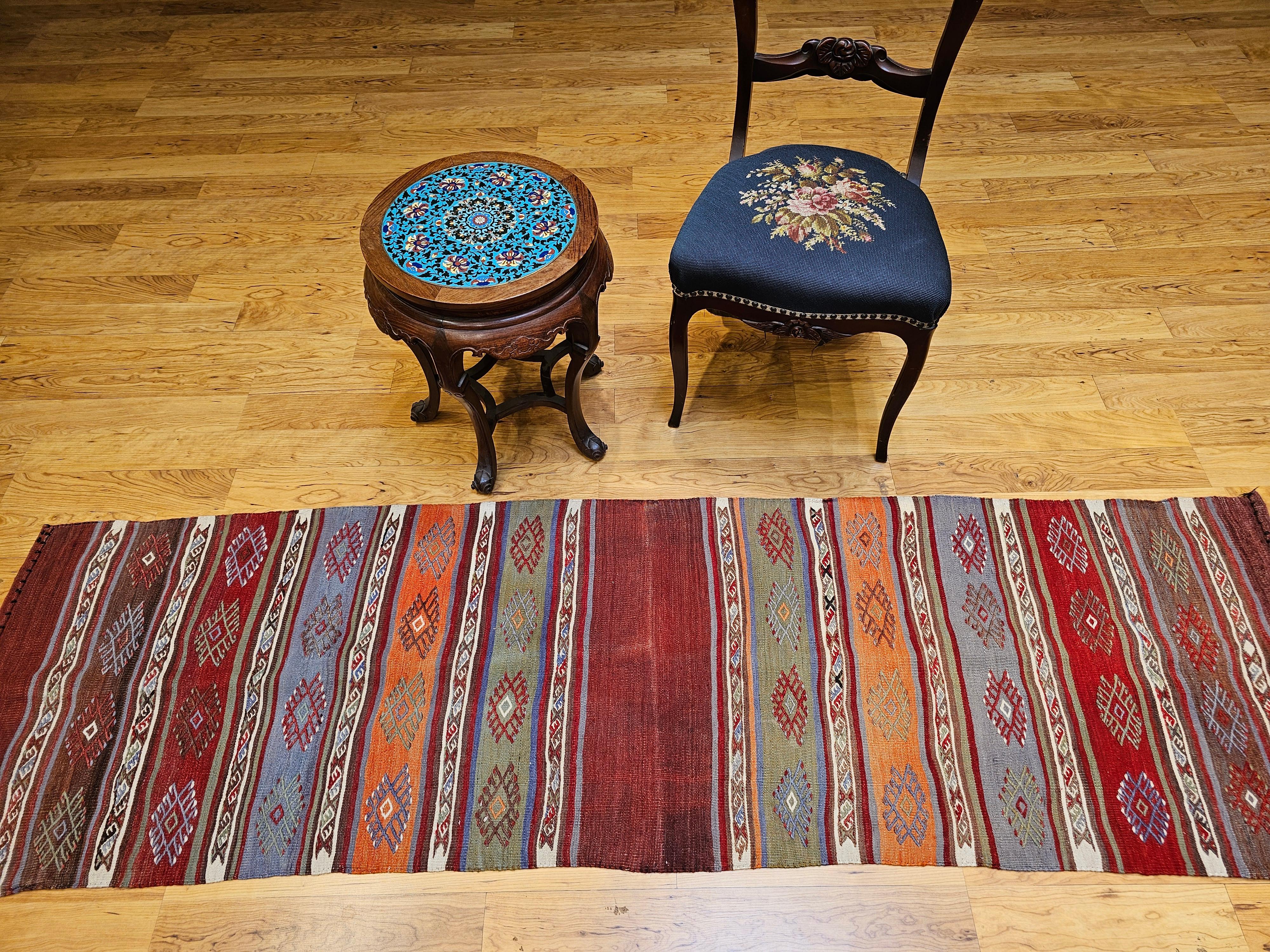 Vintage Moroccan Kilim Runner in Geometric Banded Pattern in Red, Purple, Green For Sale 9