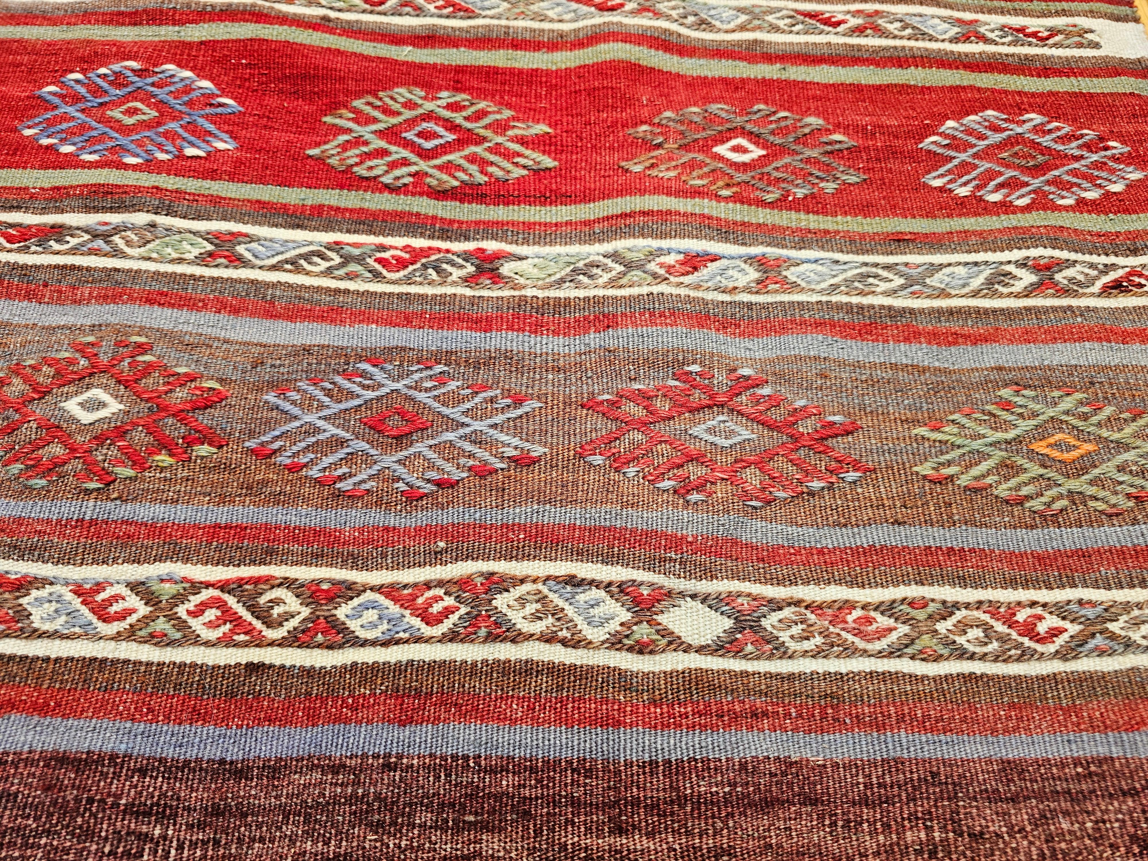 Vintage Moroccan Kilim Runner in Geometric Banded Pattern in Red, Purple, Green For Sale 1
