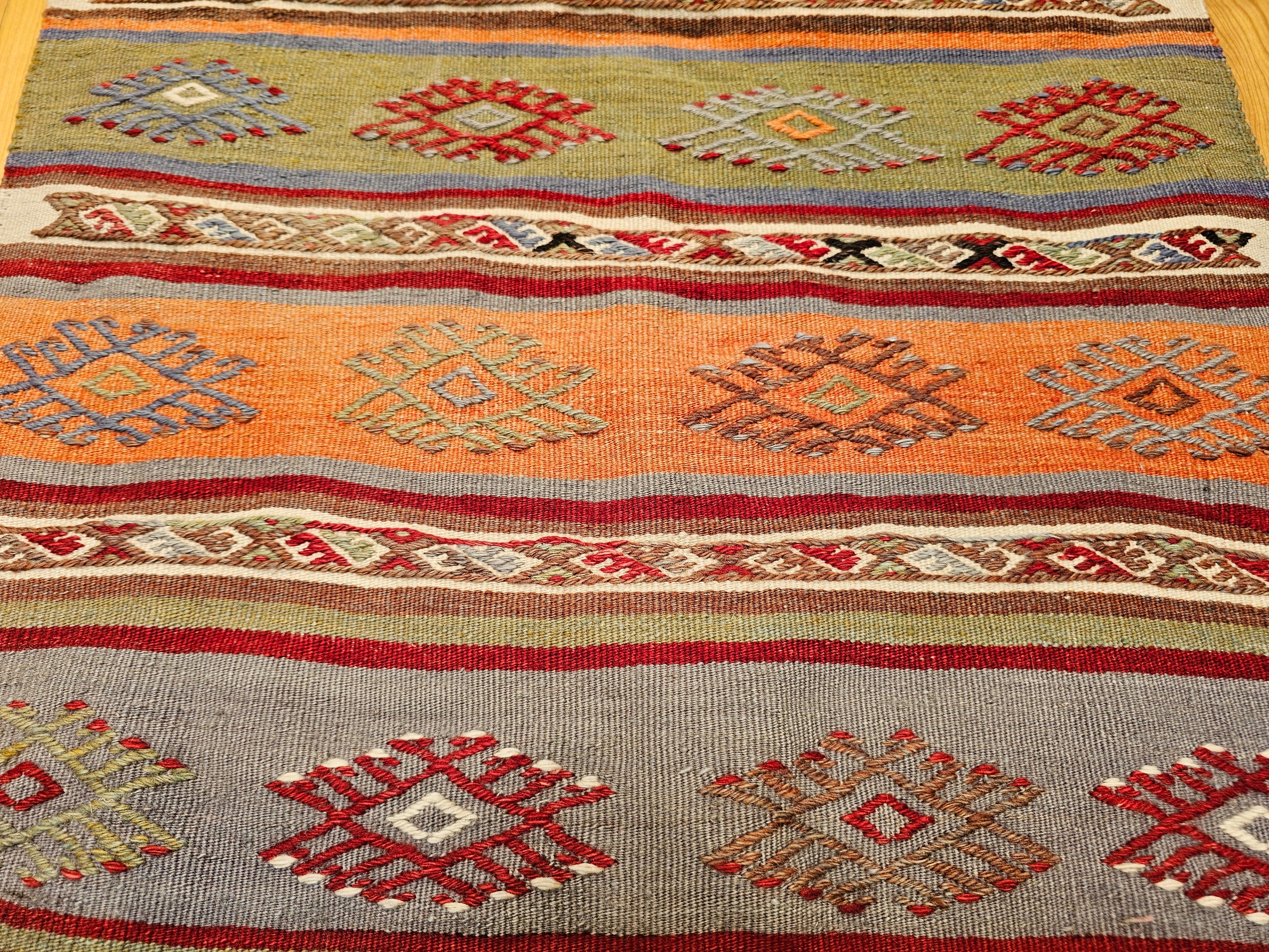 Vintage Moroccan Kilim Runner in Geometric Banded Pattern in Red, Purple, Green For Sale 2