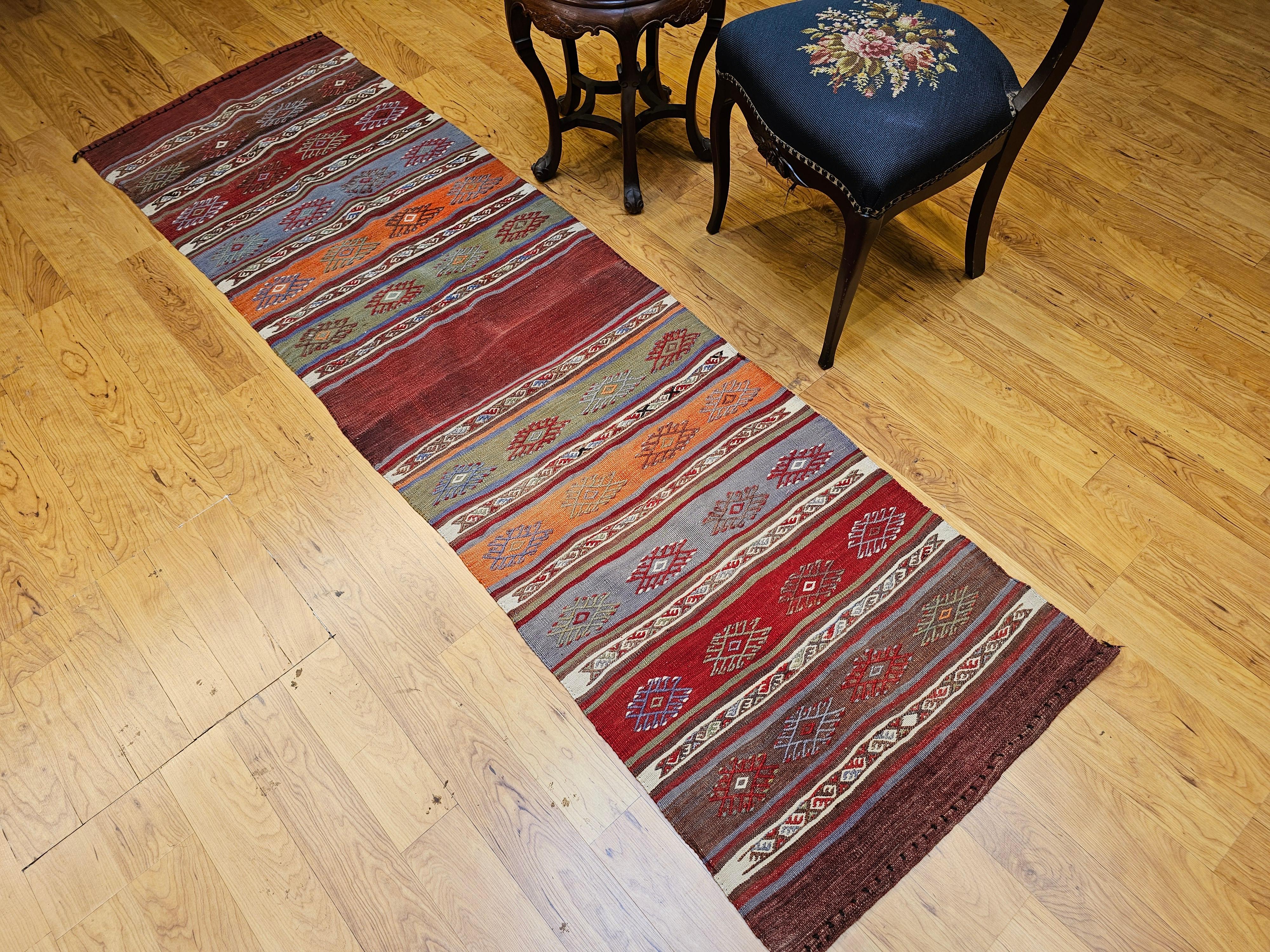 Vintage Moroccan Kilim Runner in Geometric Banded Pattern in Red, Purple, Green For Sale 3