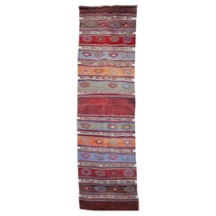 Vintage Moroccan Kilim Runner in Geometric Banded Pattern in Red, Purple, Green