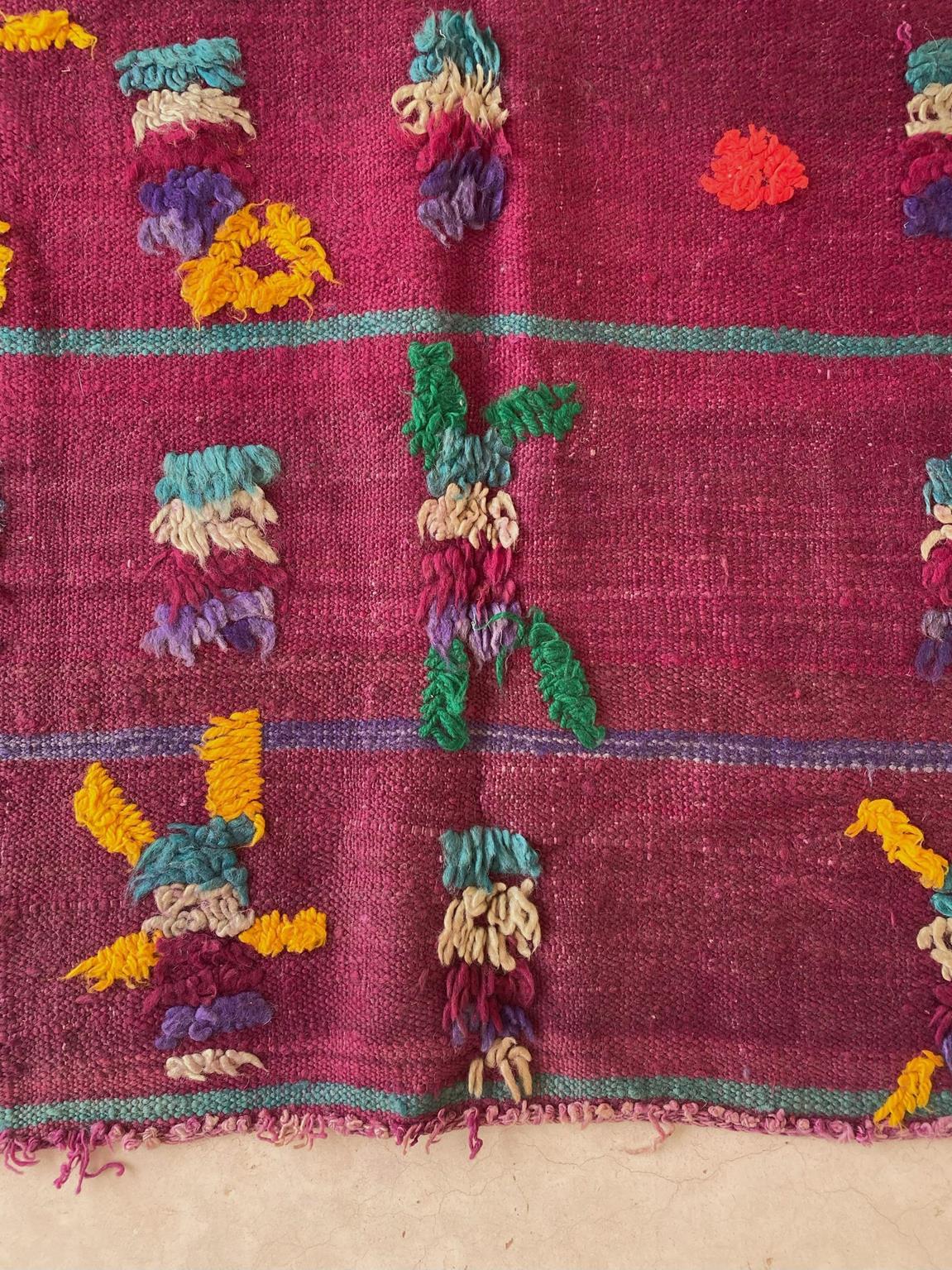 Vintage Moroccan Kilim textile - Purple and yellow - 4.1x8.3feet / 127x252cm For Sale 5