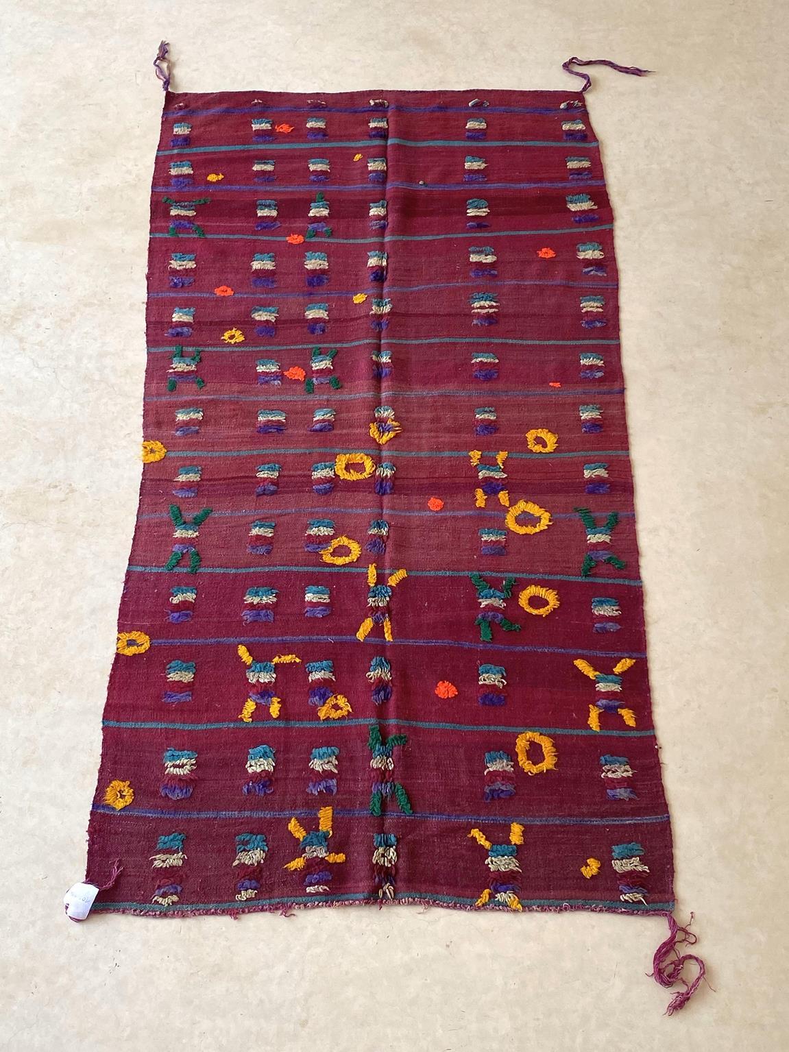 This item is so lovely! I would say that it is between a very light kilim rug and a thick blanket, piece of textile. It seems to sparkle with its multiple tuffed designs in white, turquoise, purple, green, orange and yellow over a flatweave