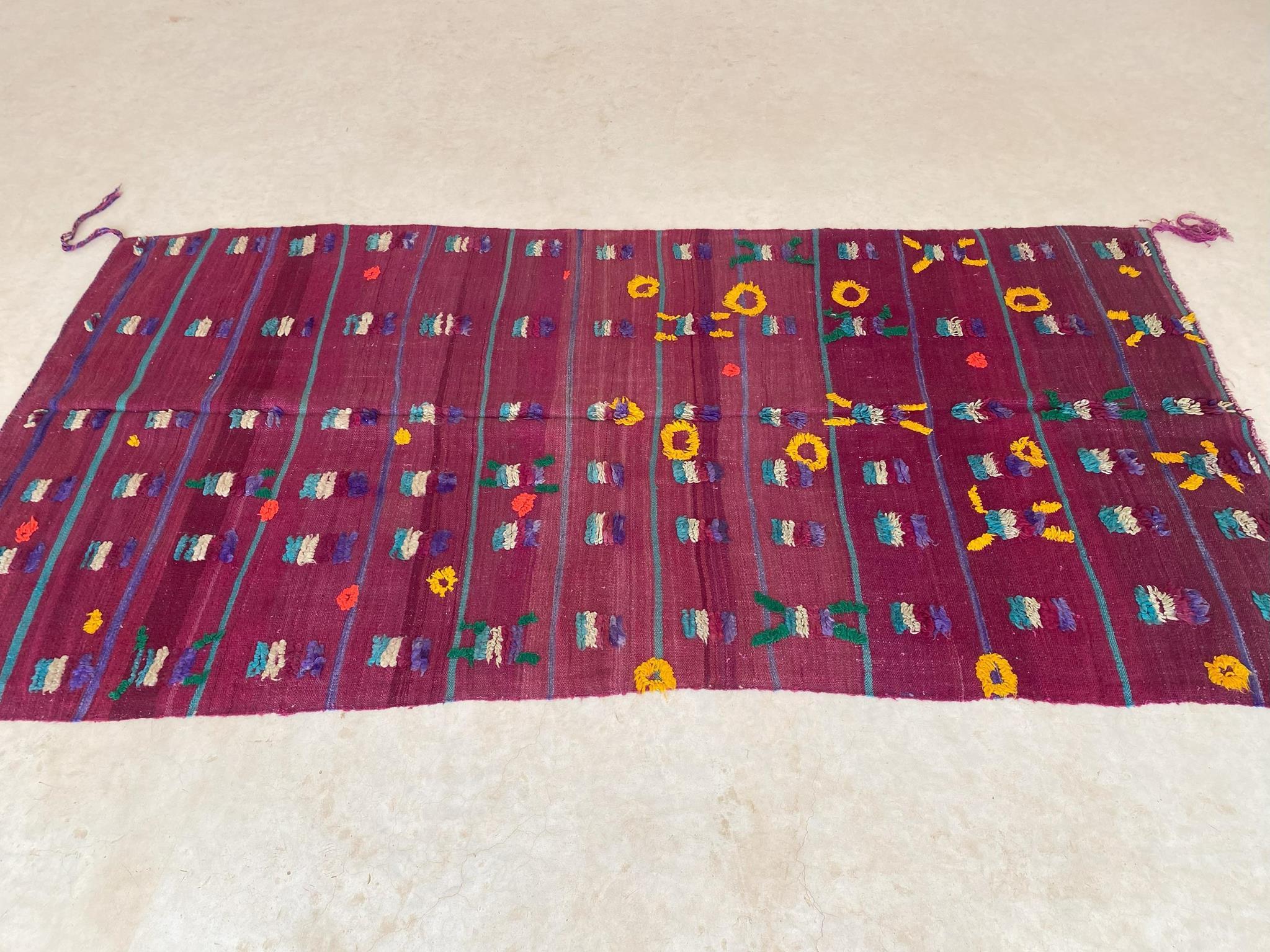 Hand-Woven Vintage Moroccan Kilim textile - Purple and yellow - 4.1x8.3feet / 127x252cm For Sale