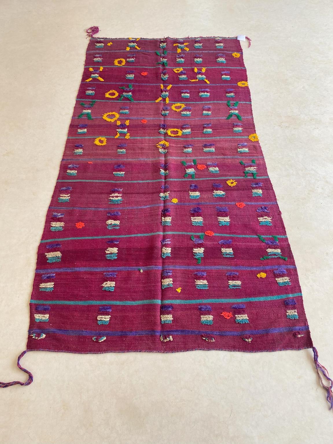 20th Century Vintage Moroccan Kilim textile - Purple and yellow - 4.1x8.3feet / 127x252cm For Sale
