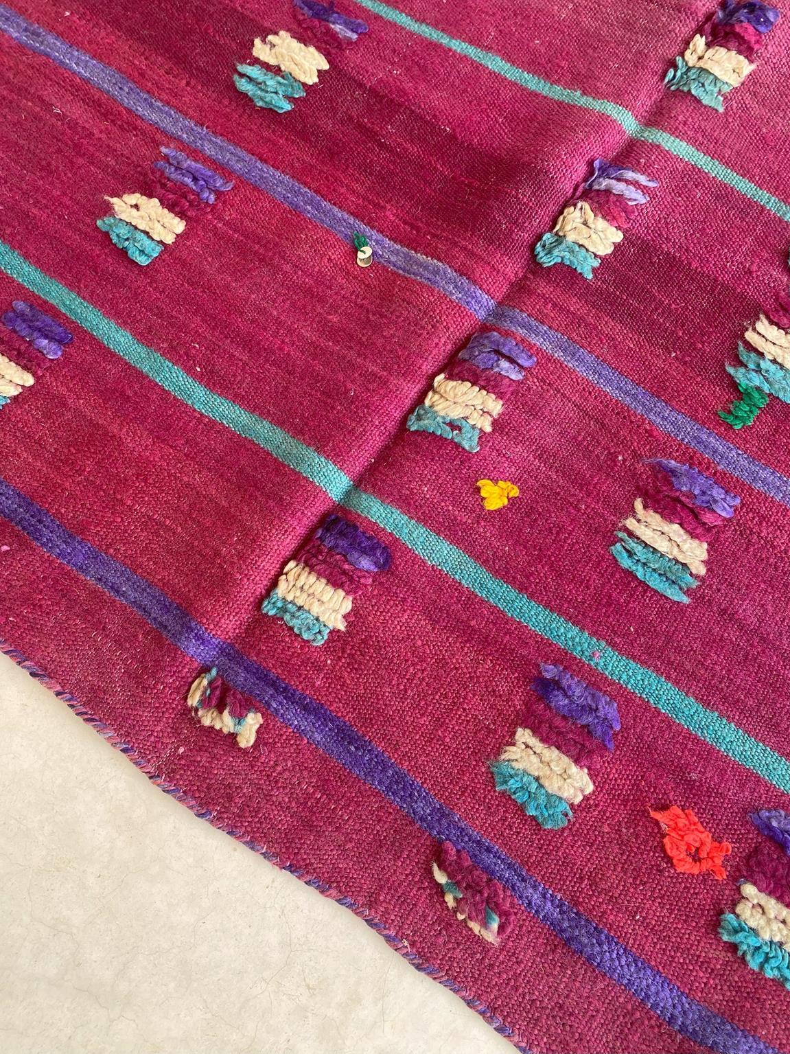 Wool Vintage Moroccan Kilim textile - Purple and yellow - 4.1x8.3feet / 127x252cm For Sale