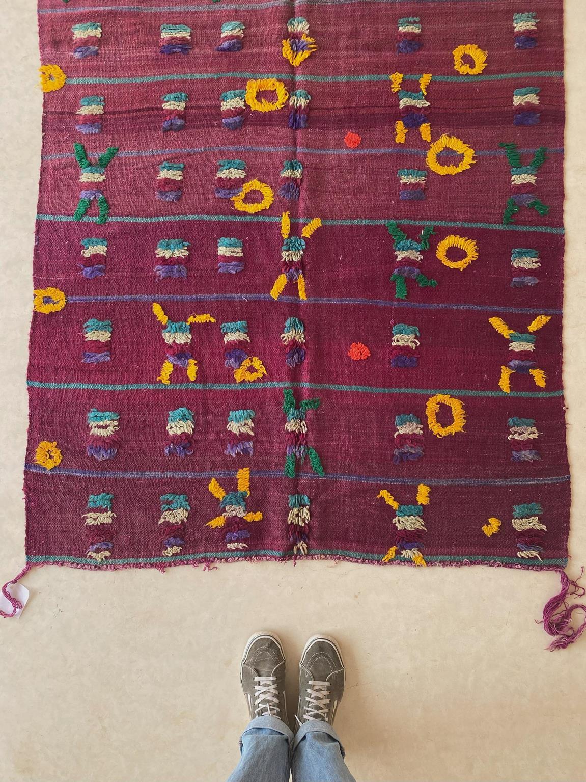 Vintage Moroccan Kilim textile - Purple and yellow - 4.1x8.3feet / 127x252cm For Sale 1