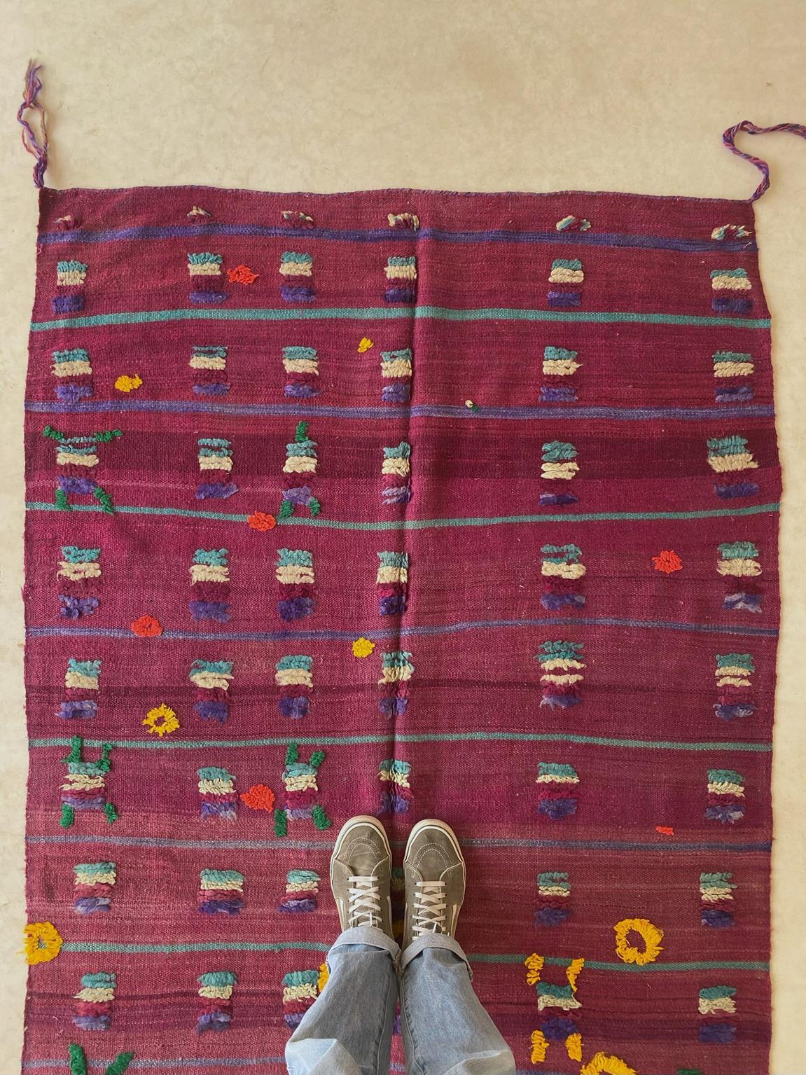 Vintage Moroccan Kilim textile - Purple and yellow - 4.1x8.3feet / 127x252cm For Sale 2