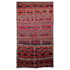 Vintage Moroccan Tribal Kilim Rug, Handwoven Wool, Red & Blue Stripes, 5' x 8'