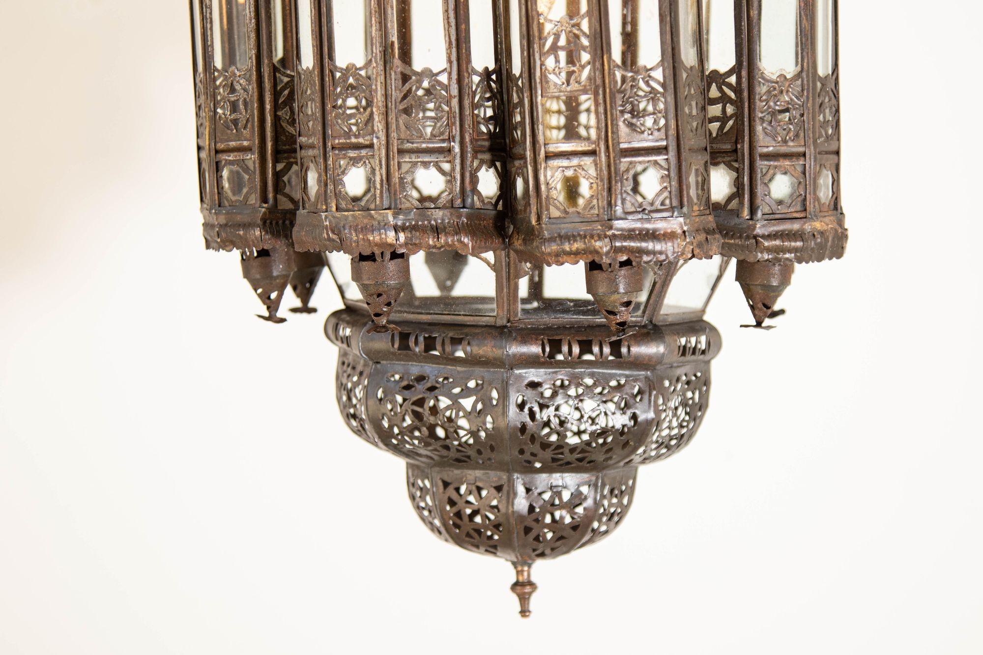 Metal Vintage Moroccan Lantern Mamounia Clear Glass Hand-Crafted Ceiling Light Fixture For Sale