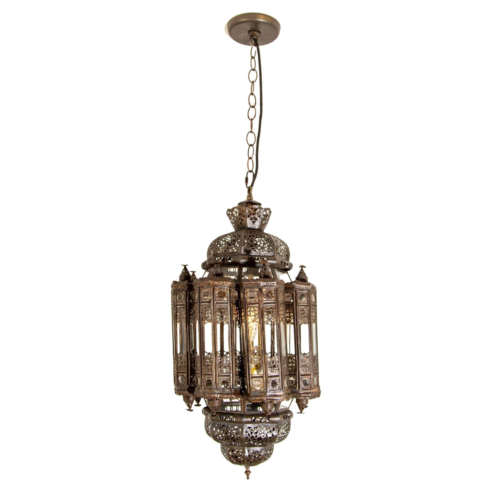 Vintage Moroccan Lantern Mamounia Clear Glass Hand-Crafted Ceiling Light Fixture For Sale