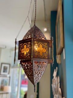 Vintage Moroccan Lantern w/ Amber Glass Panels