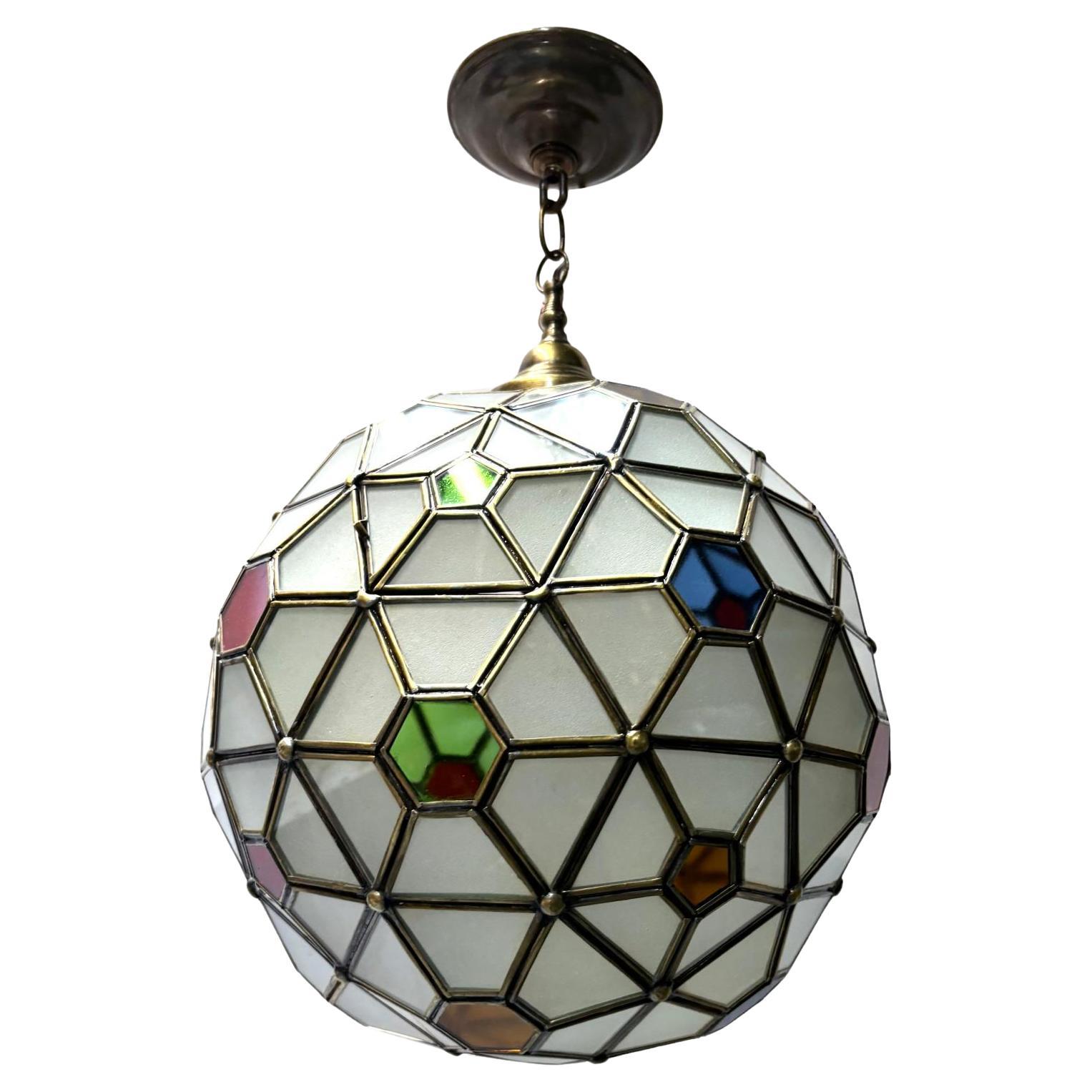 Vintage Moroccan Lantern with Color Glass Insets For Sale