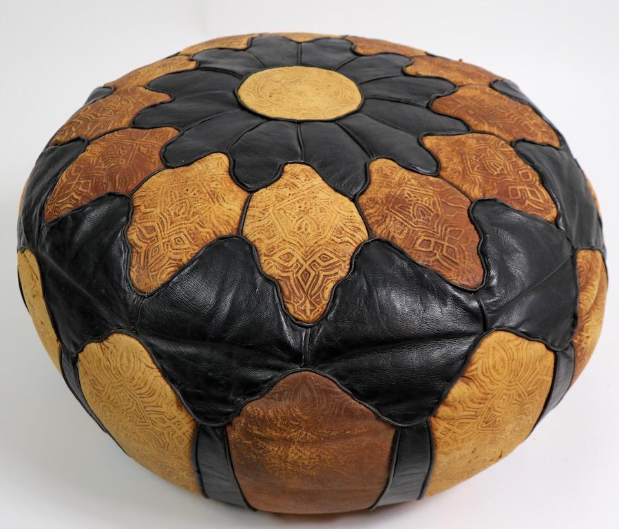 Vintage Moroccan Leather and Suede Ottoman Footrest Pouf In Good Condition In New York, NY