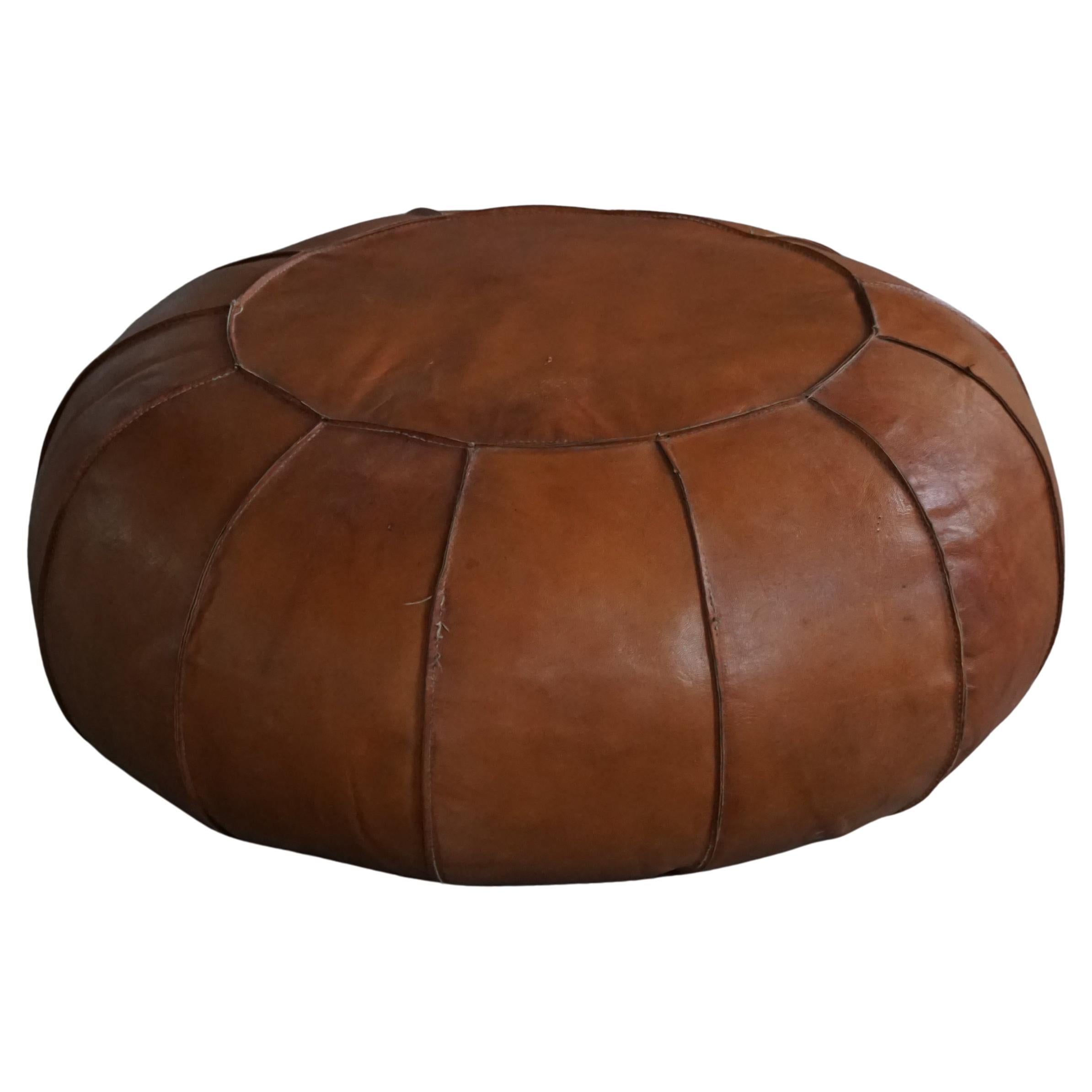 Vintage Moroccan Leather Pouf in Cognac, Handmade with Rosette Detailing, 1960s For Sale