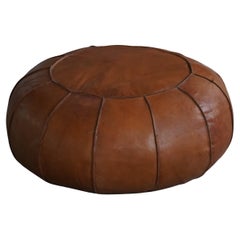 Vintage Moroccan Leather Pouf in Cognac, Handmade with Rosette Detailing, 1960s