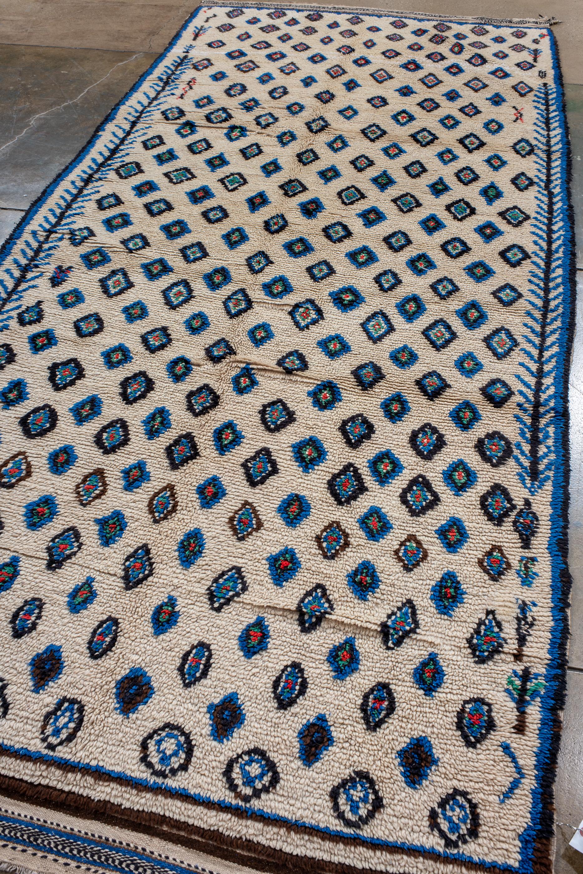 Hand-Knotted Vintage Moroccan Long Rug with Ecru Field and Blue Details 