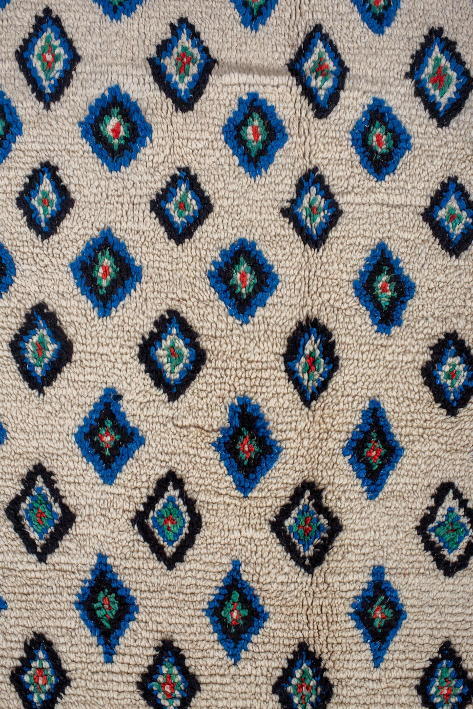 Vintage Moroccan Long Rug with Ecru Field and Blue Details  In Good Condition In New York, NY