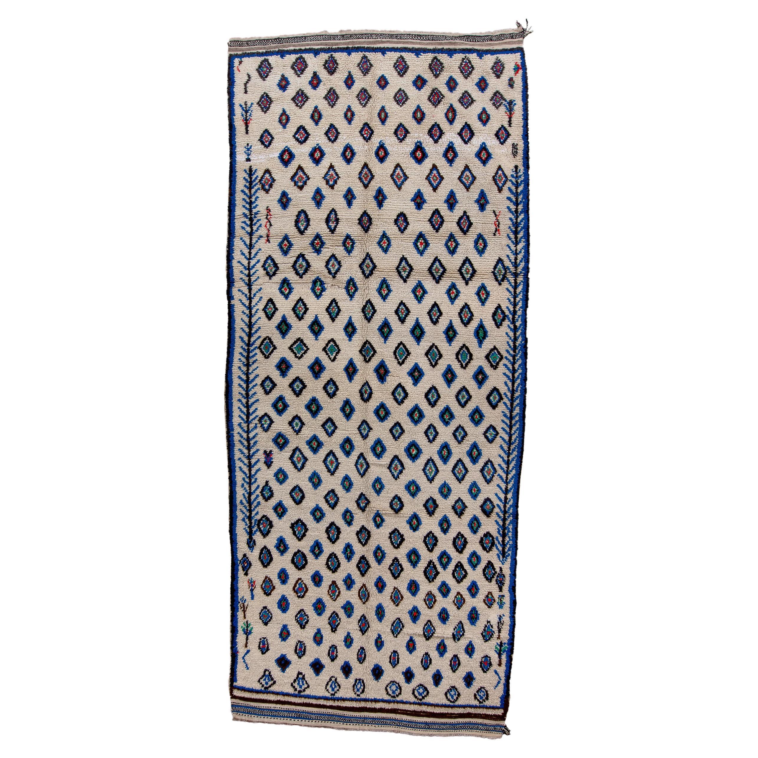 Vintage Moroccan Long Rug with Ecru Field and Blue Details 