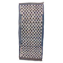 Vintage Moroccan Long Rug with Ecru Field and Blue Details 