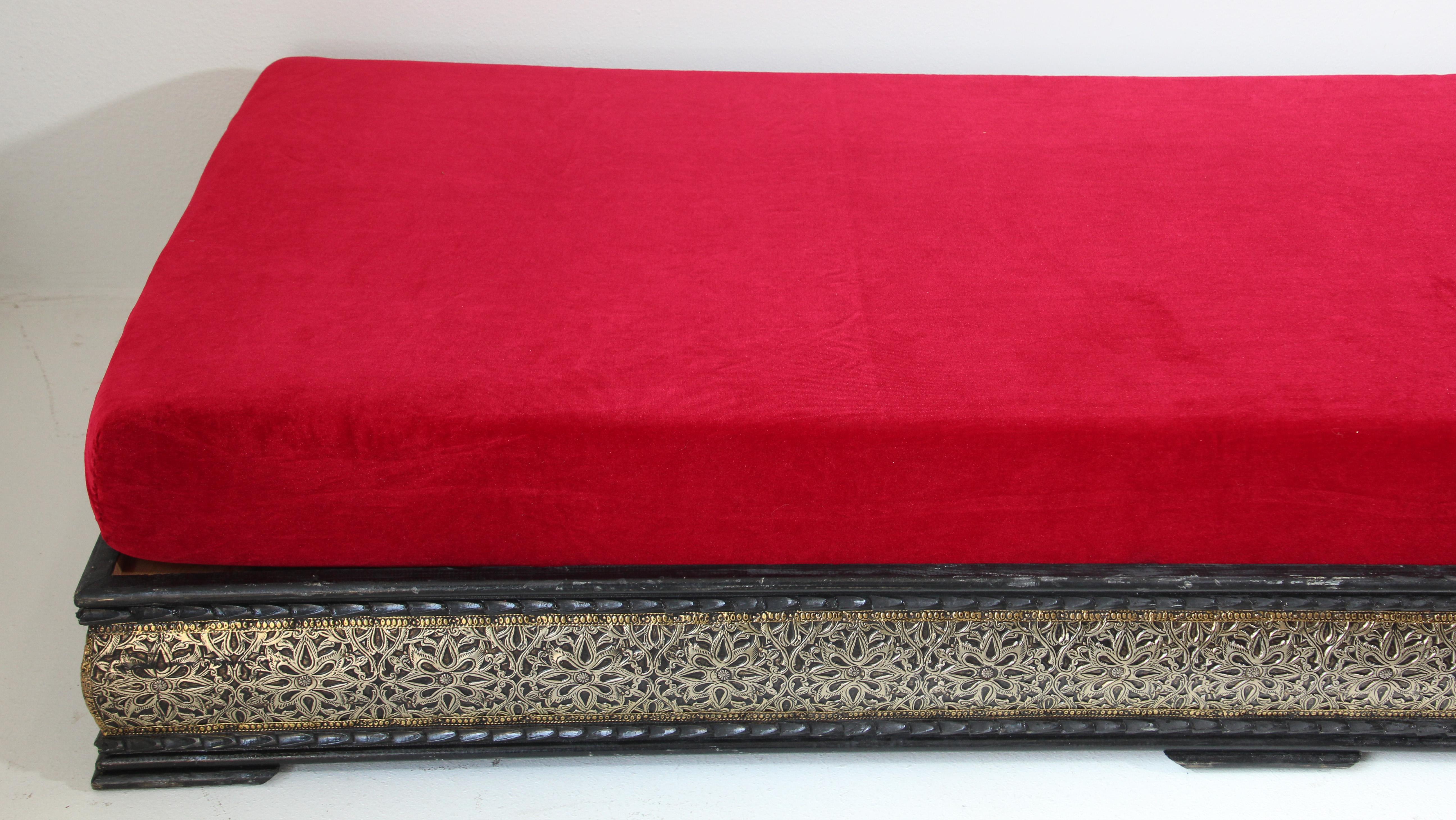 Vintage Moroccan Low Day Bed with Red Cushion 2