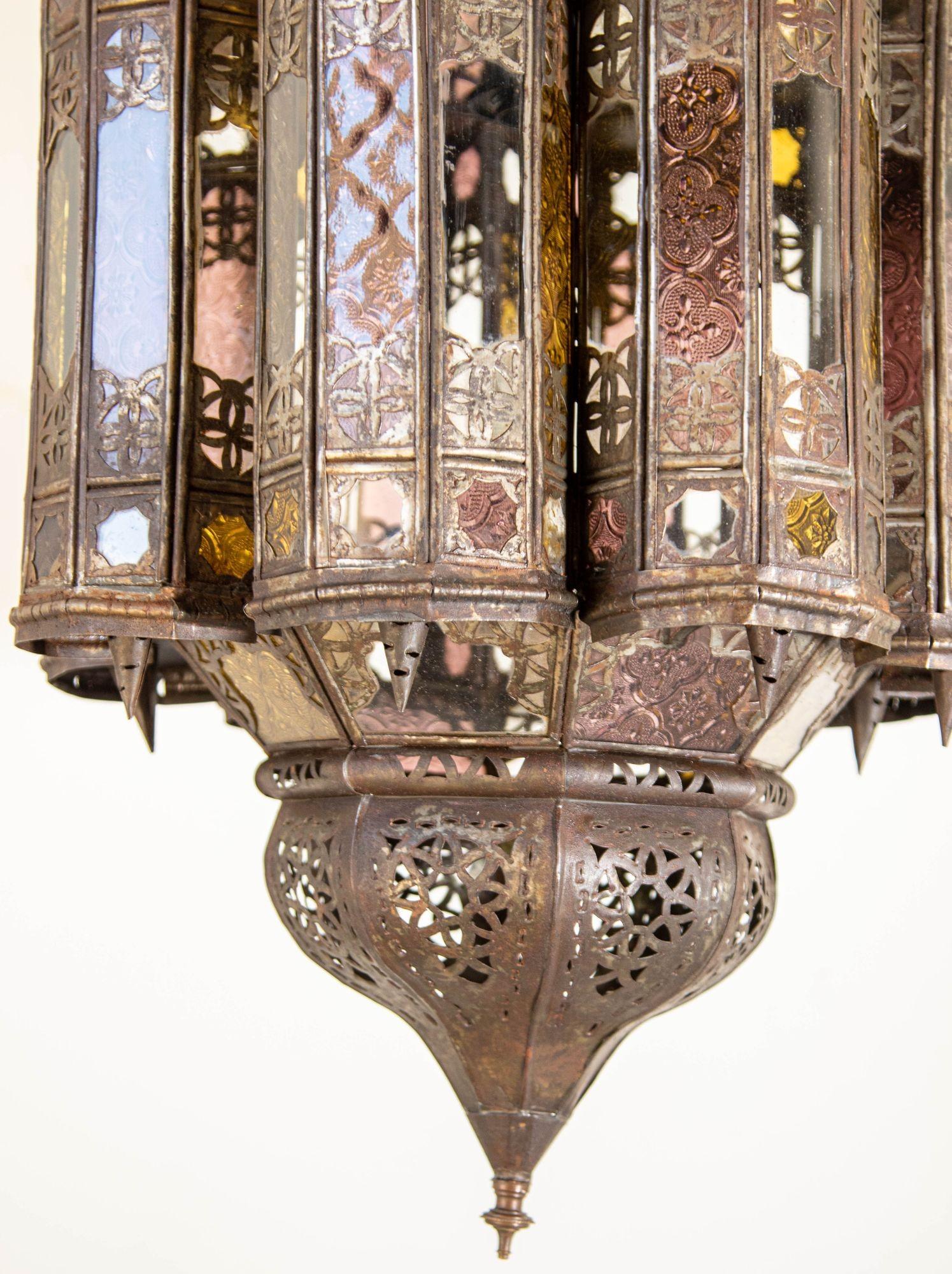 Vintage Moroccan Mamounia Moorish Metal and Glass Lantern Ceiling Light 5