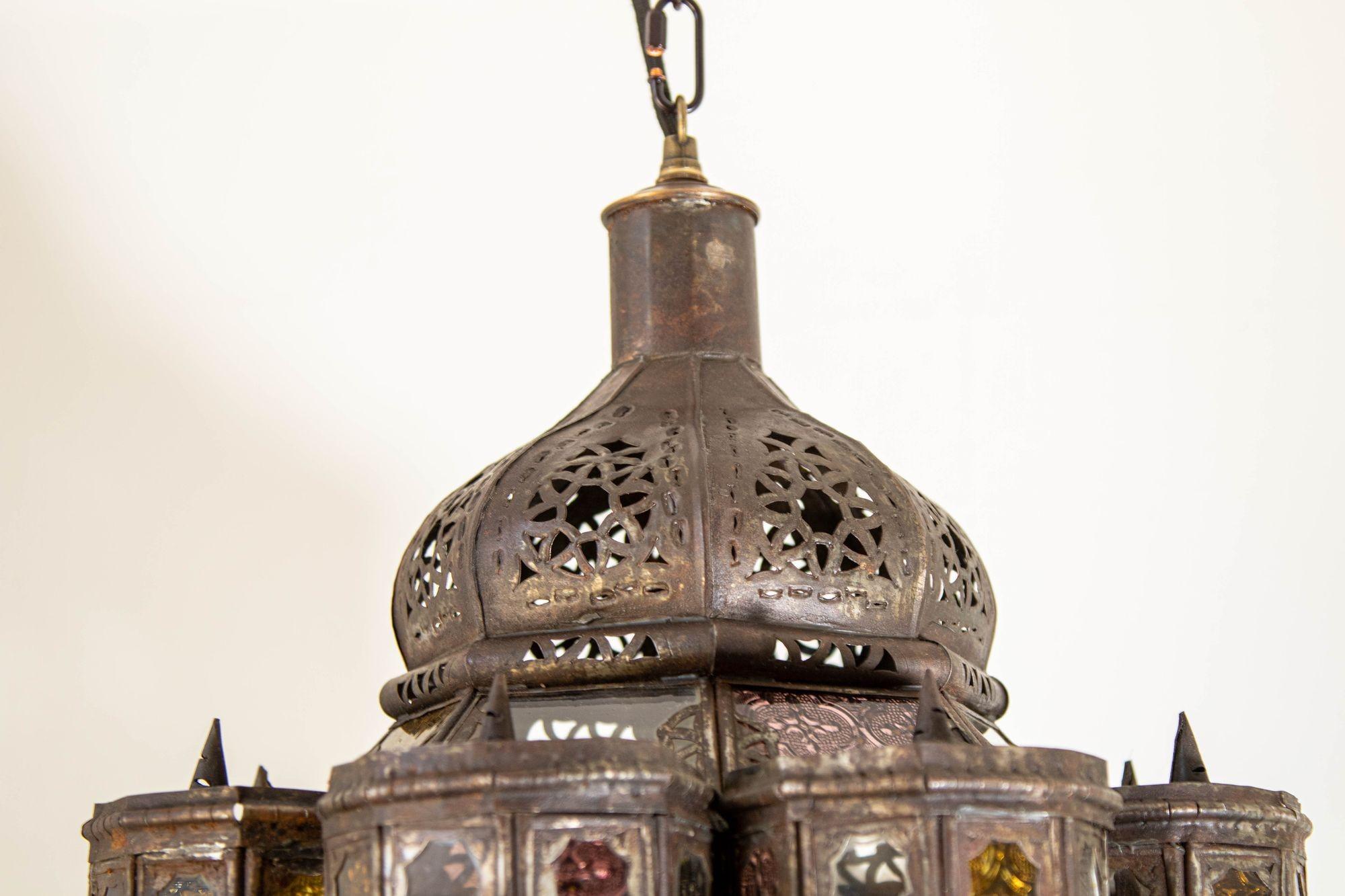 Vintage Moroccan Mamounia Moorish Metal and Glass Lantern Ceiling Light 6