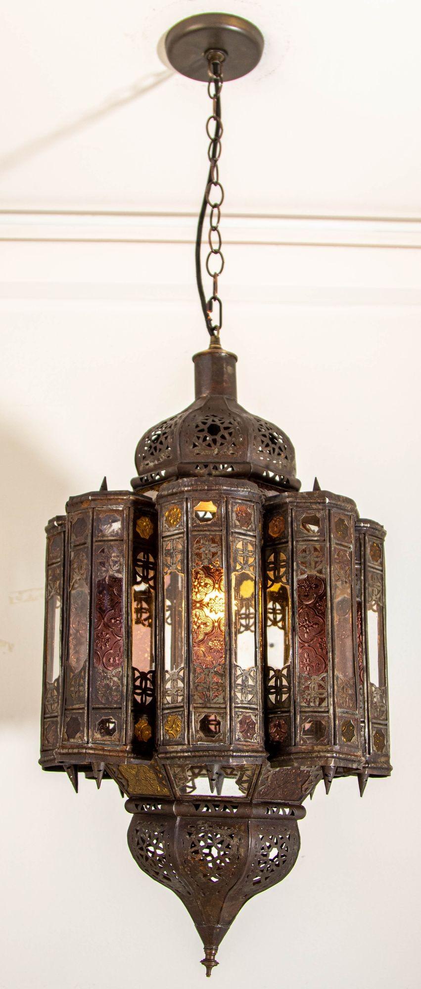 Vintage Moroccan Mamounia Moorish Metal and Glass Lantern Ceiling Light 8