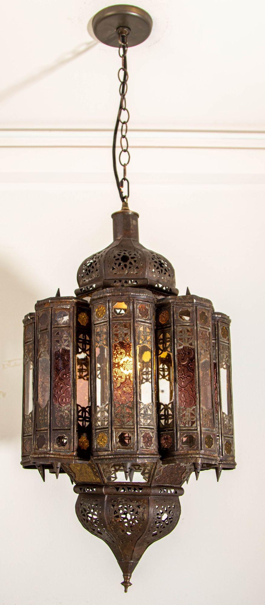 Hand-Crafted Vintage Moroccan Mamounia Moorish Metal and Glass Lantern Ceiling Light