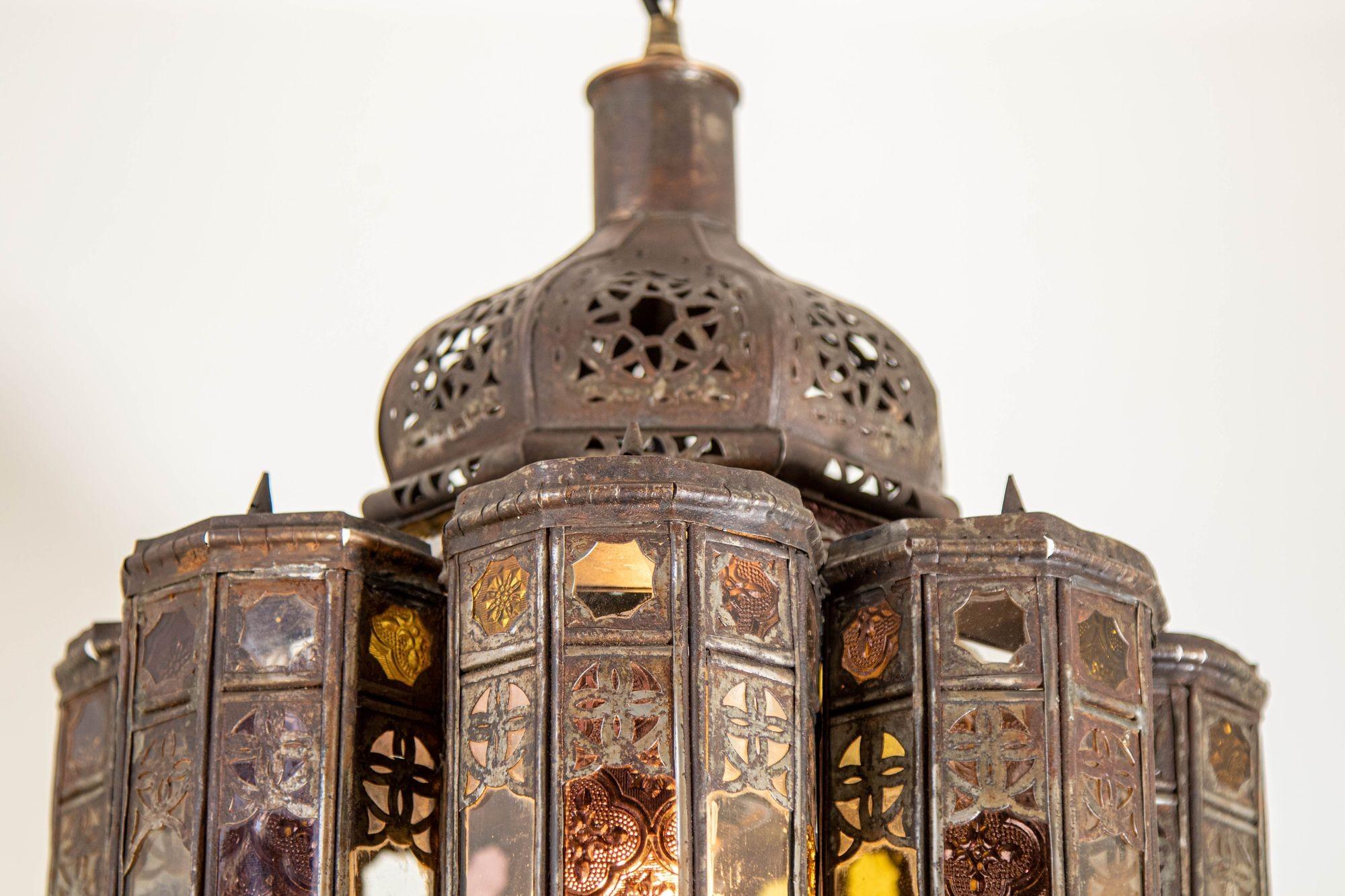 Vintage Moroccan Mamounia Moorish Metal and Glass Lantern Ceiling Light In Good Condition In North Hollywood, CA