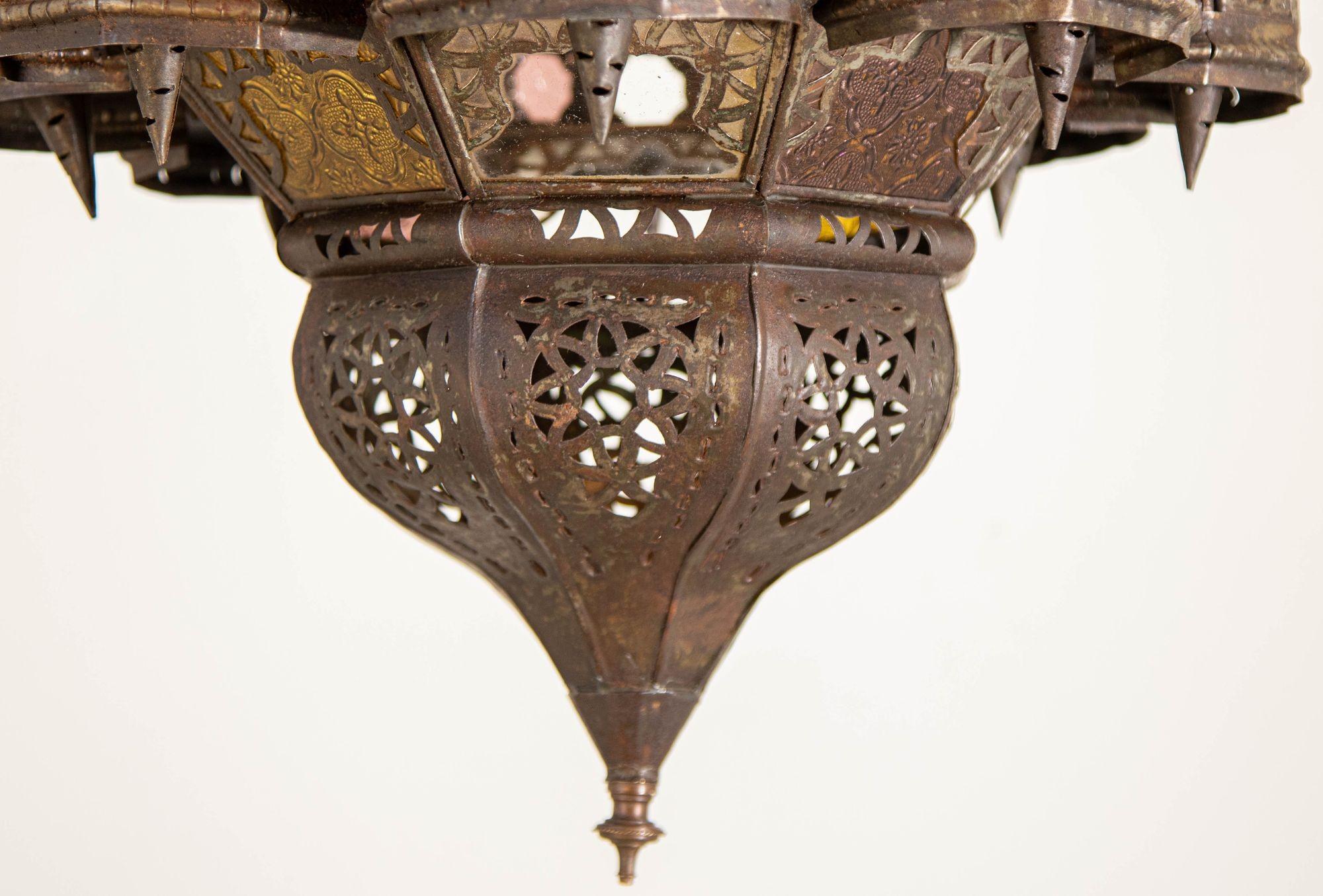 20th Century Vintage Moroccan Mamounia Moorish Metal and Glass Lantern Ceiling Light