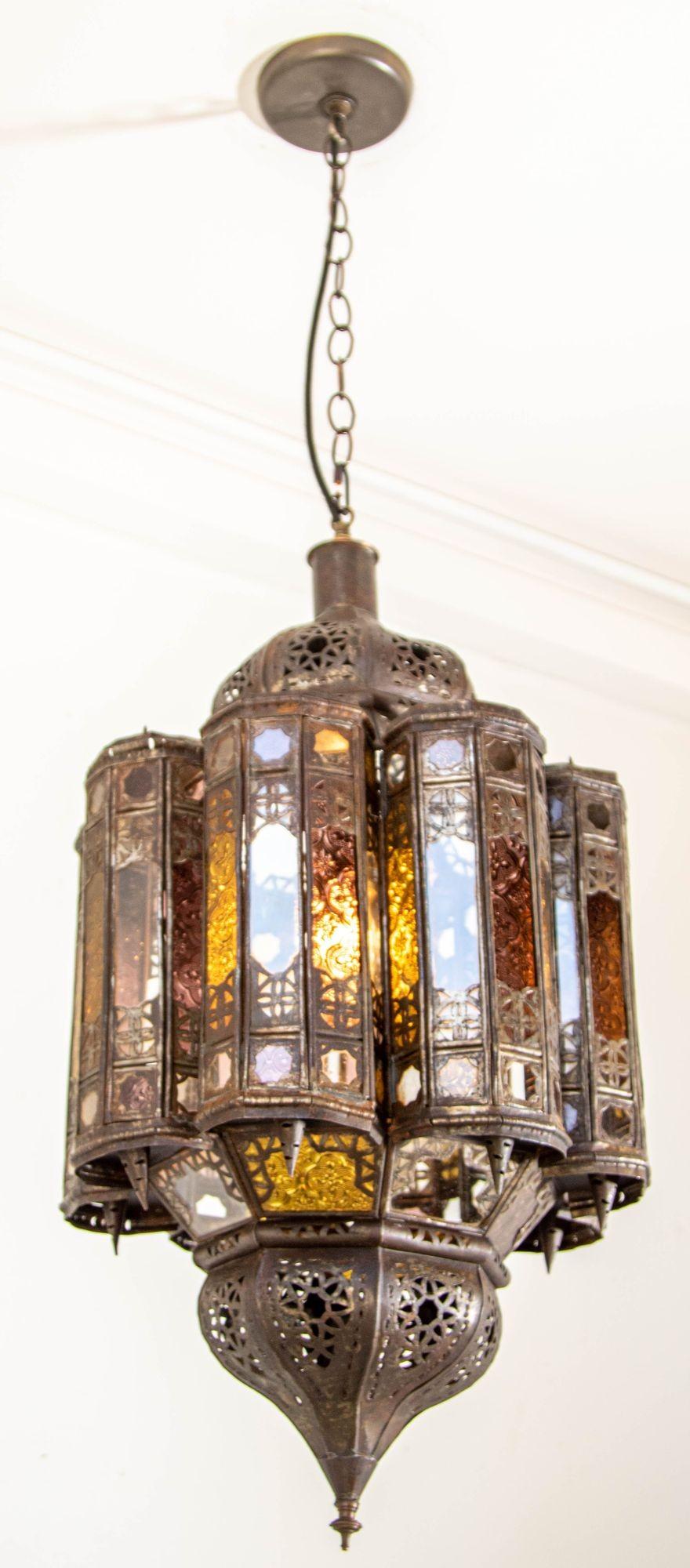 Vintage Moroccan Mamounia Moorish Metal and Glass Lantern Ceiling Light 1