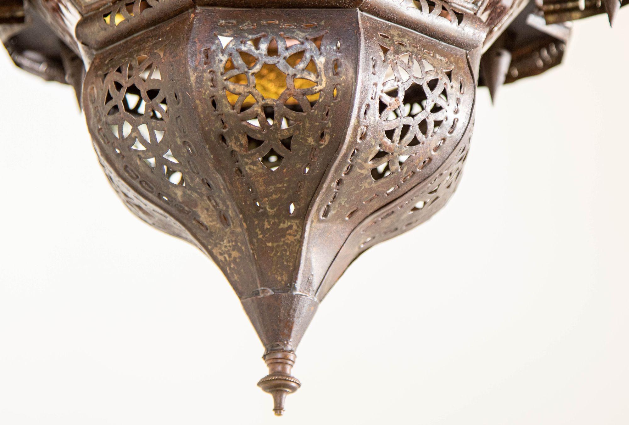 Vintage Moroccan Mamounia Moorish Metal and Glass Lantern Ceiling Light 2