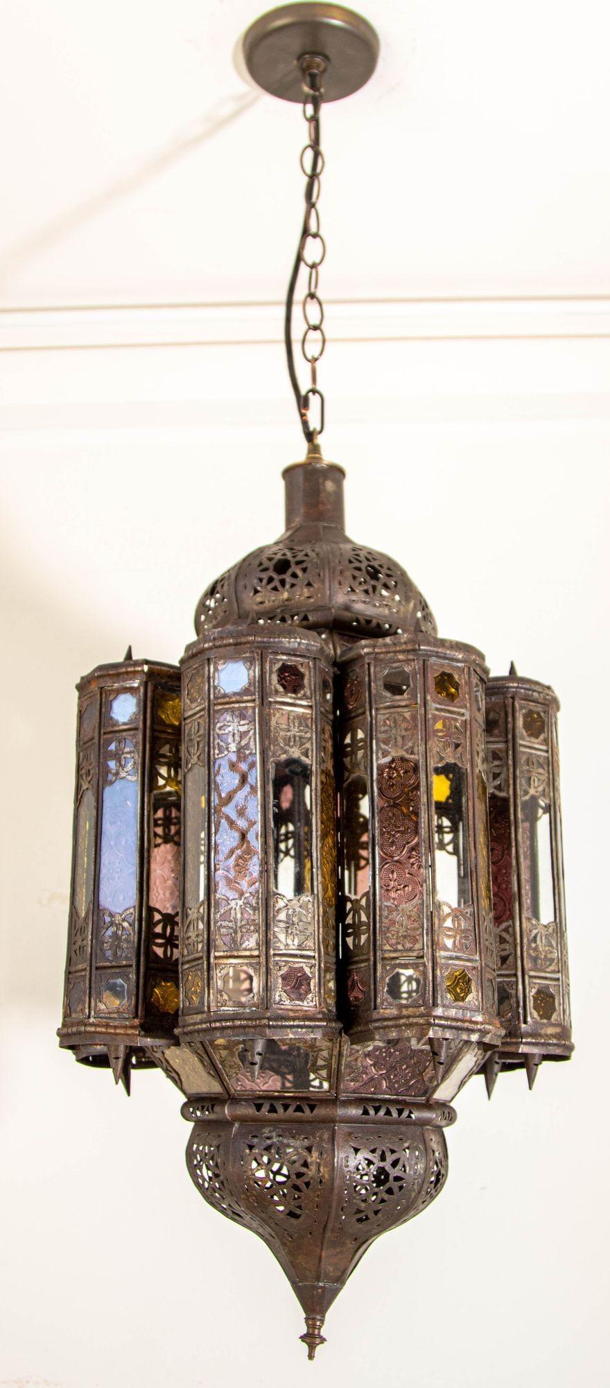 Vintage Moroccan Mamounia Moorish Metal and Glass Lantern Ceiling Light 3
