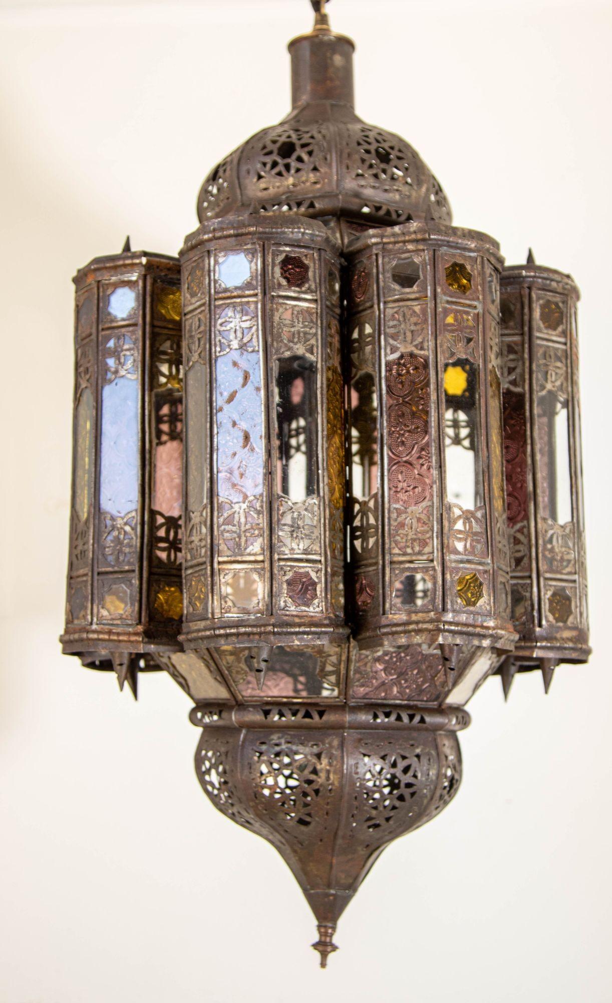 Vintage Moroccan Mamounia Moorish Metal and Glass Lantern Ceiling Light 4