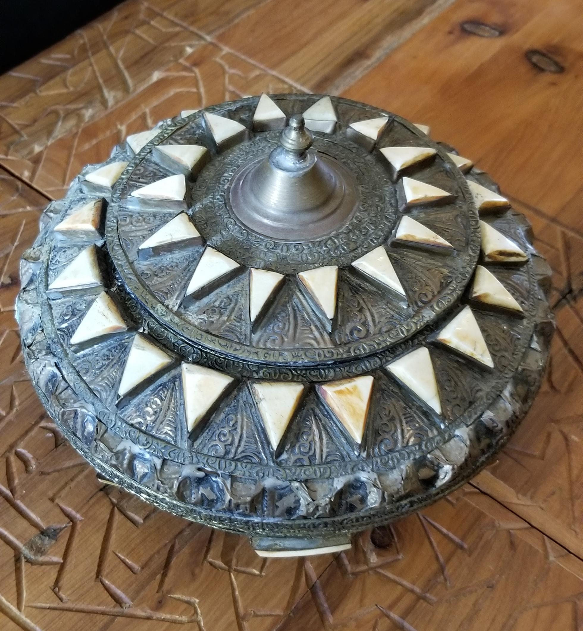 Vintage Moroccan Metal and Bone Inlaid Spice Box or Canister, 1 In Good Condition For Sale In Orlando, FL