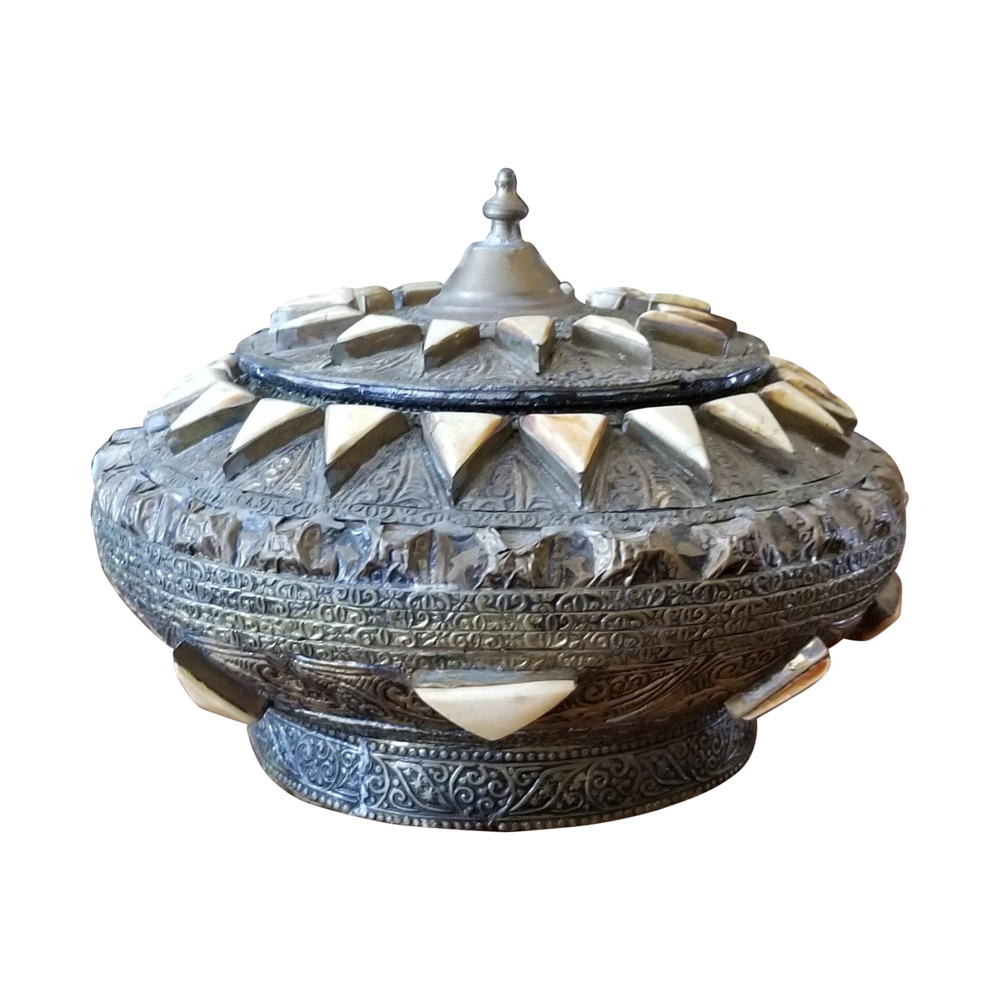 Vintage Moroccan Metal and Bone Inlaid Spice Box or Canister, 1 For Sale