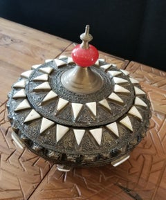 Vintage Moroccan Metal and Bone Inlaid Spice Box or Canister, 2