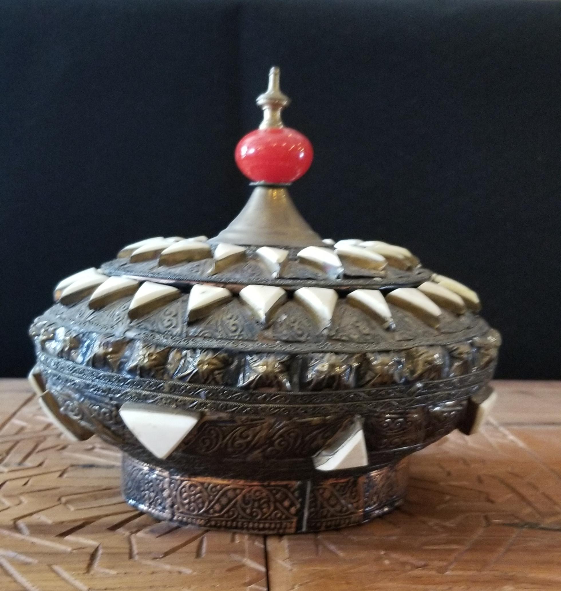 Hammered Vintage Moroccan Metal and Bone Inlaid Spice Box or Canister, 2 For Sale