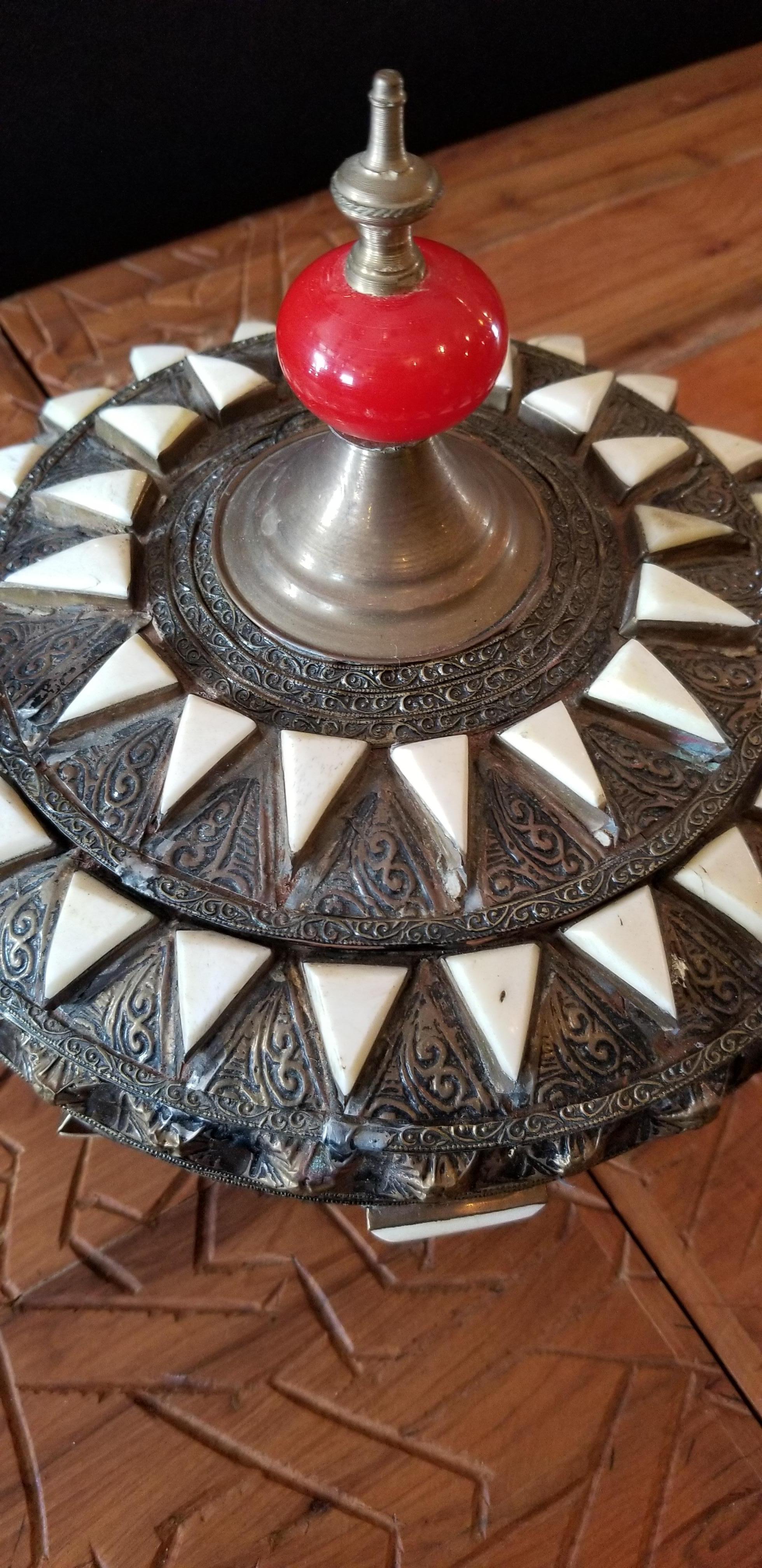 Vintage Moroccan Metal and Bone Inlaid Spice Box or Canister, 2 In Good Condition For Sale In Orlando, FL