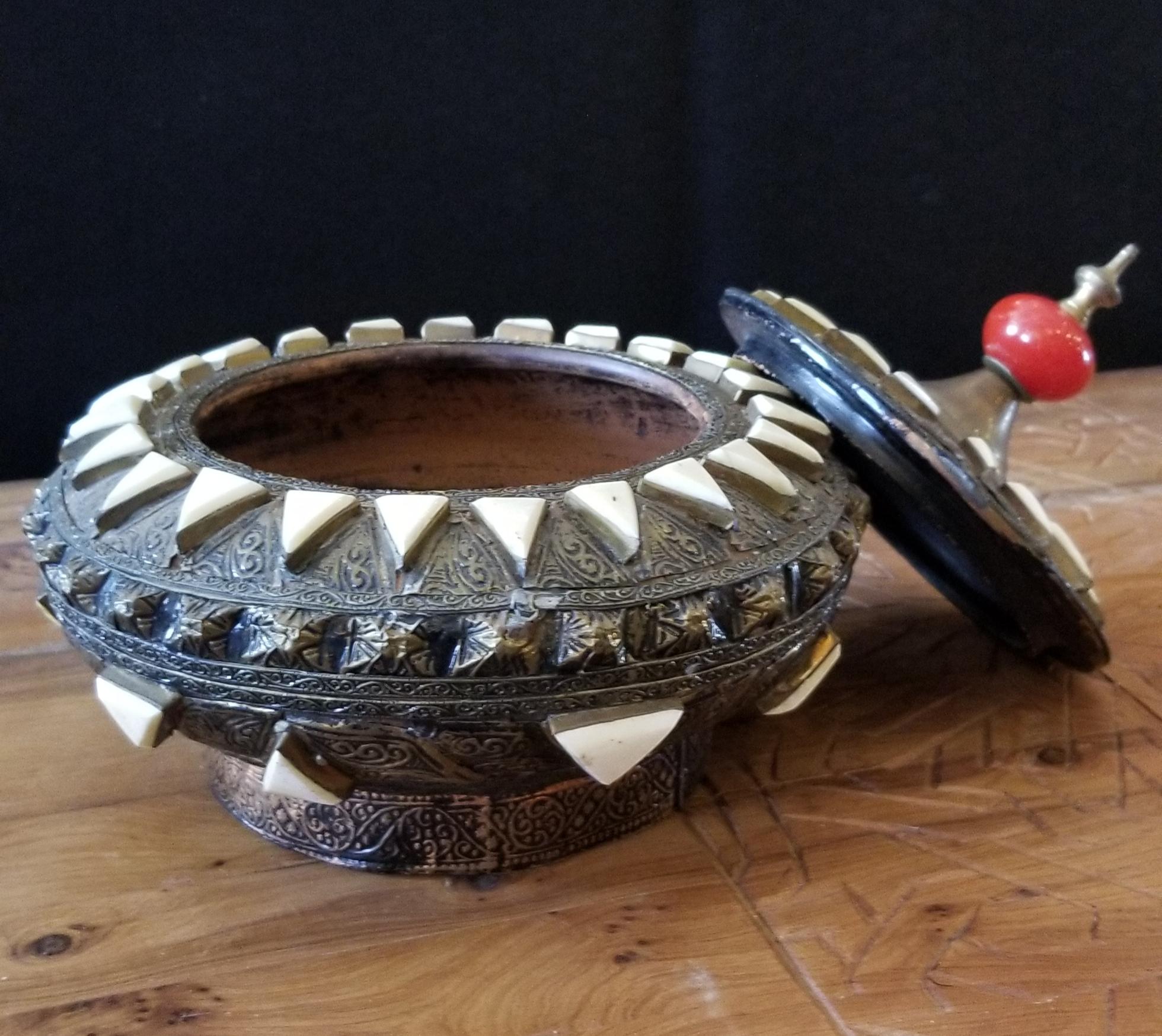 Vintage Moroccan Metal and Bone Inlaid Spice Box or Canister, 2 For Sale 1
