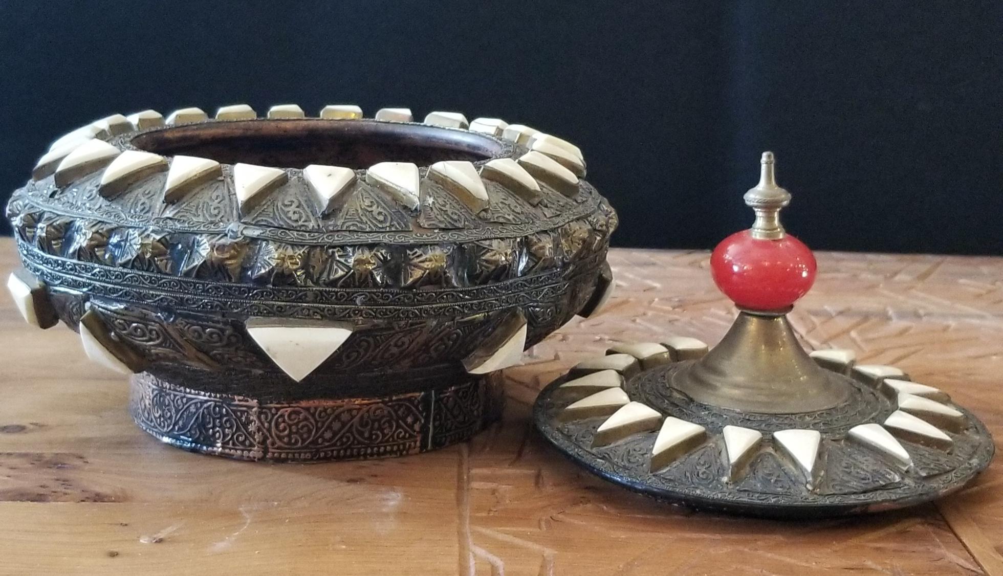 Vintage Moroccan Metal and Bone Inlaid Spice Box or Canister, 2 For Sale 2