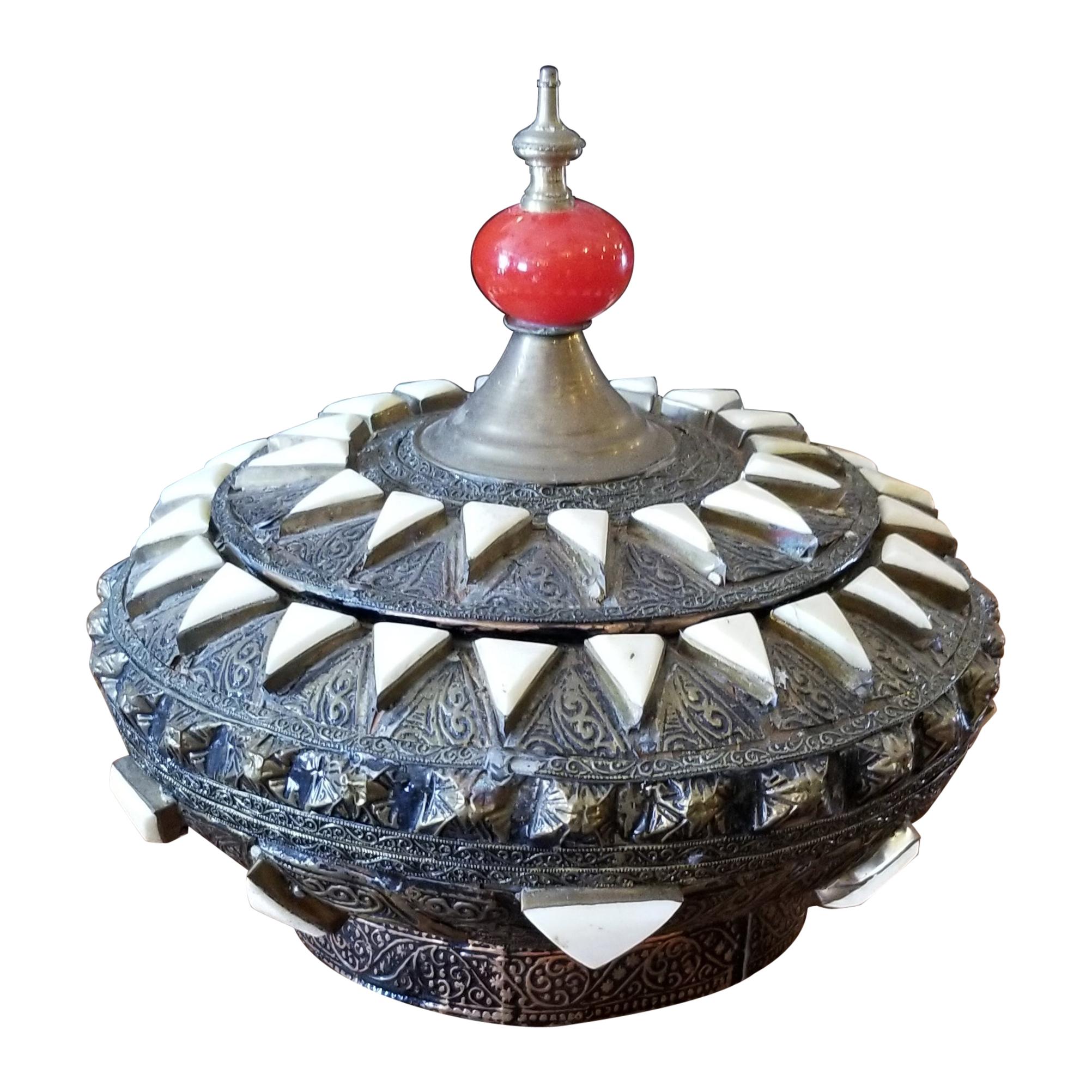 Vintage Moroccan Metal and Bone Inlaid Spice Box or Canister, 2 For Sale