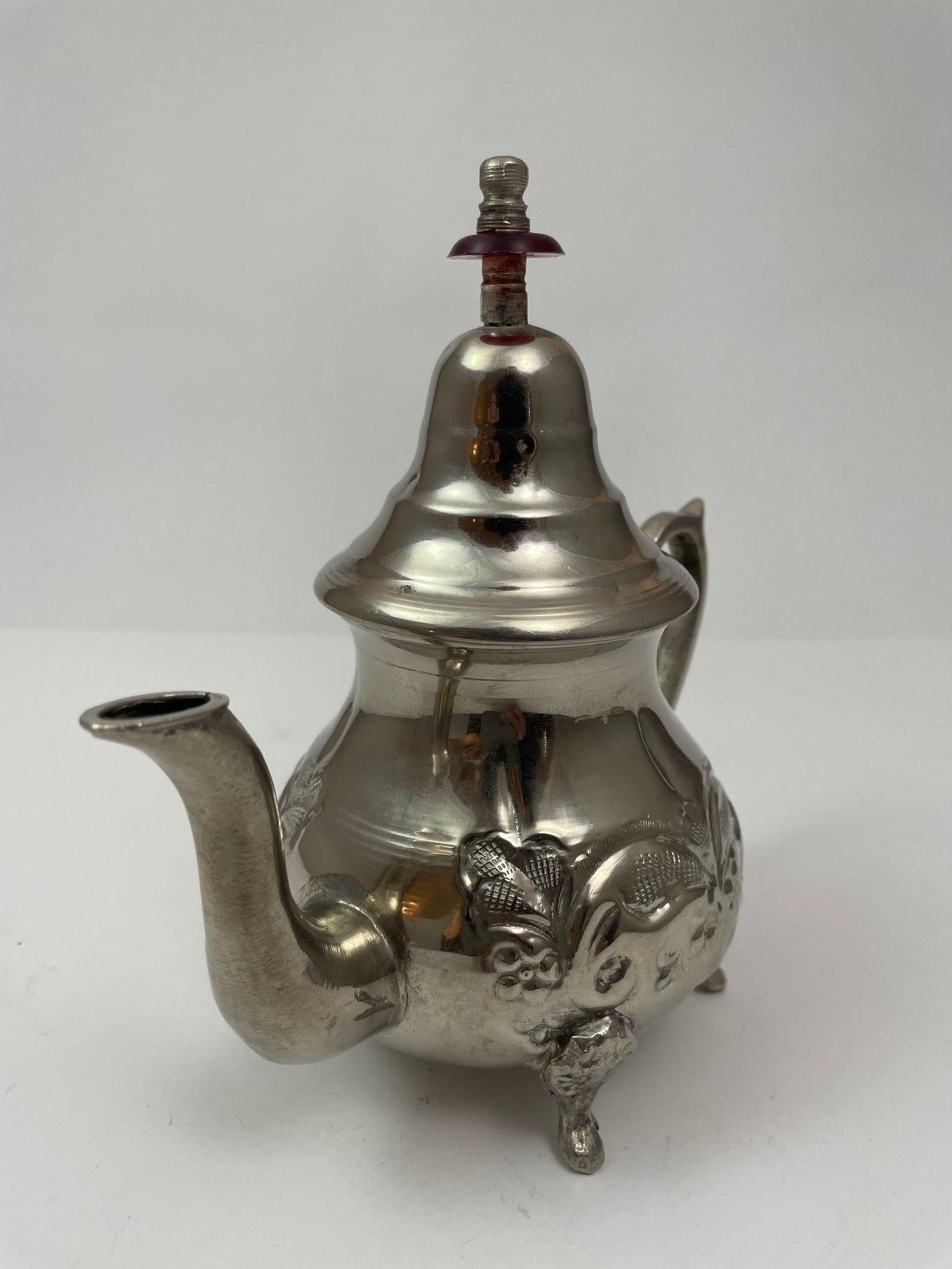Vintage Moroccan Metal Silver Plated Tea Pot For Sale 8
