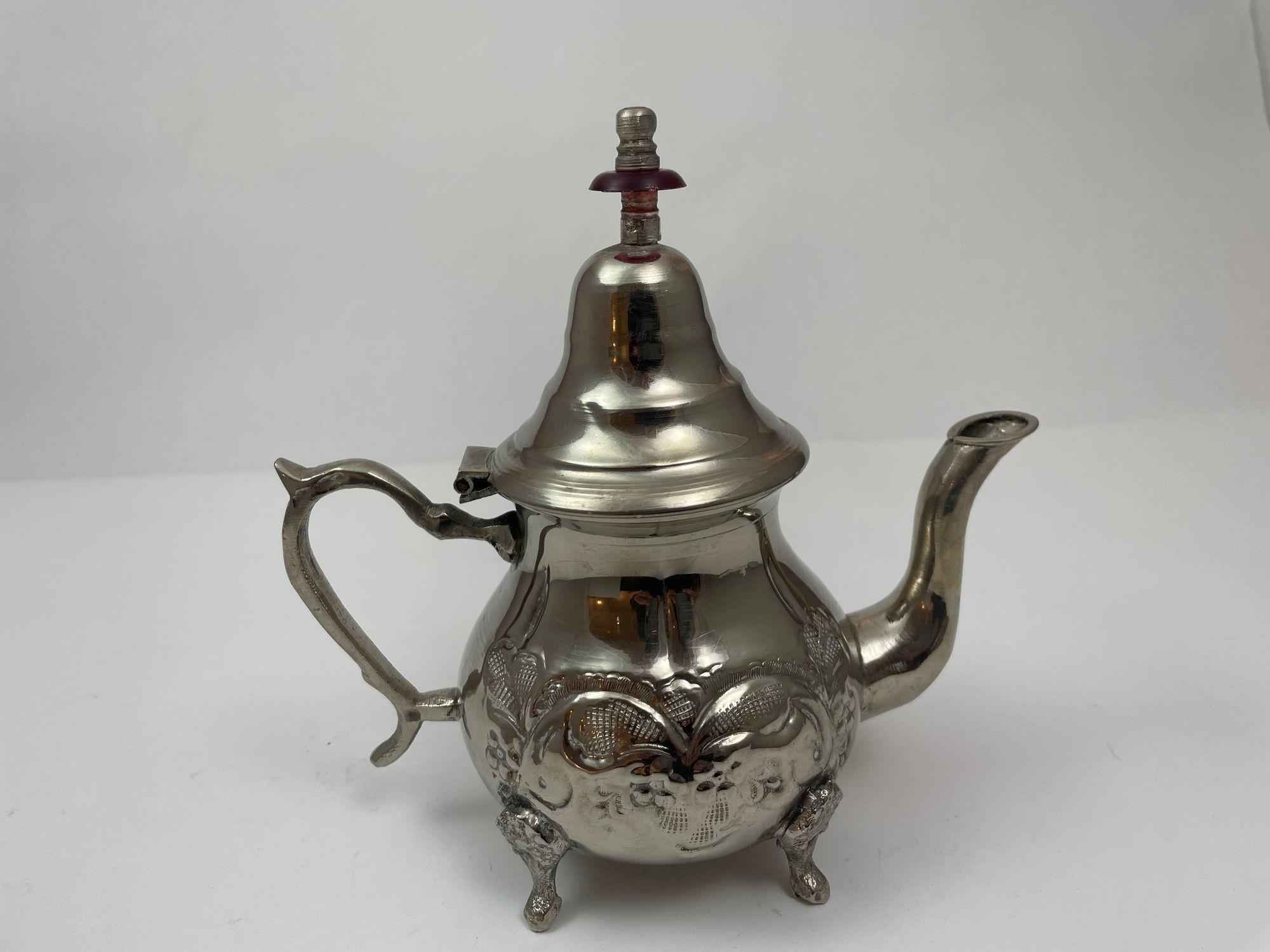 Vintage Moroccan Metal Silver Plated Tea Pot For Sale 9