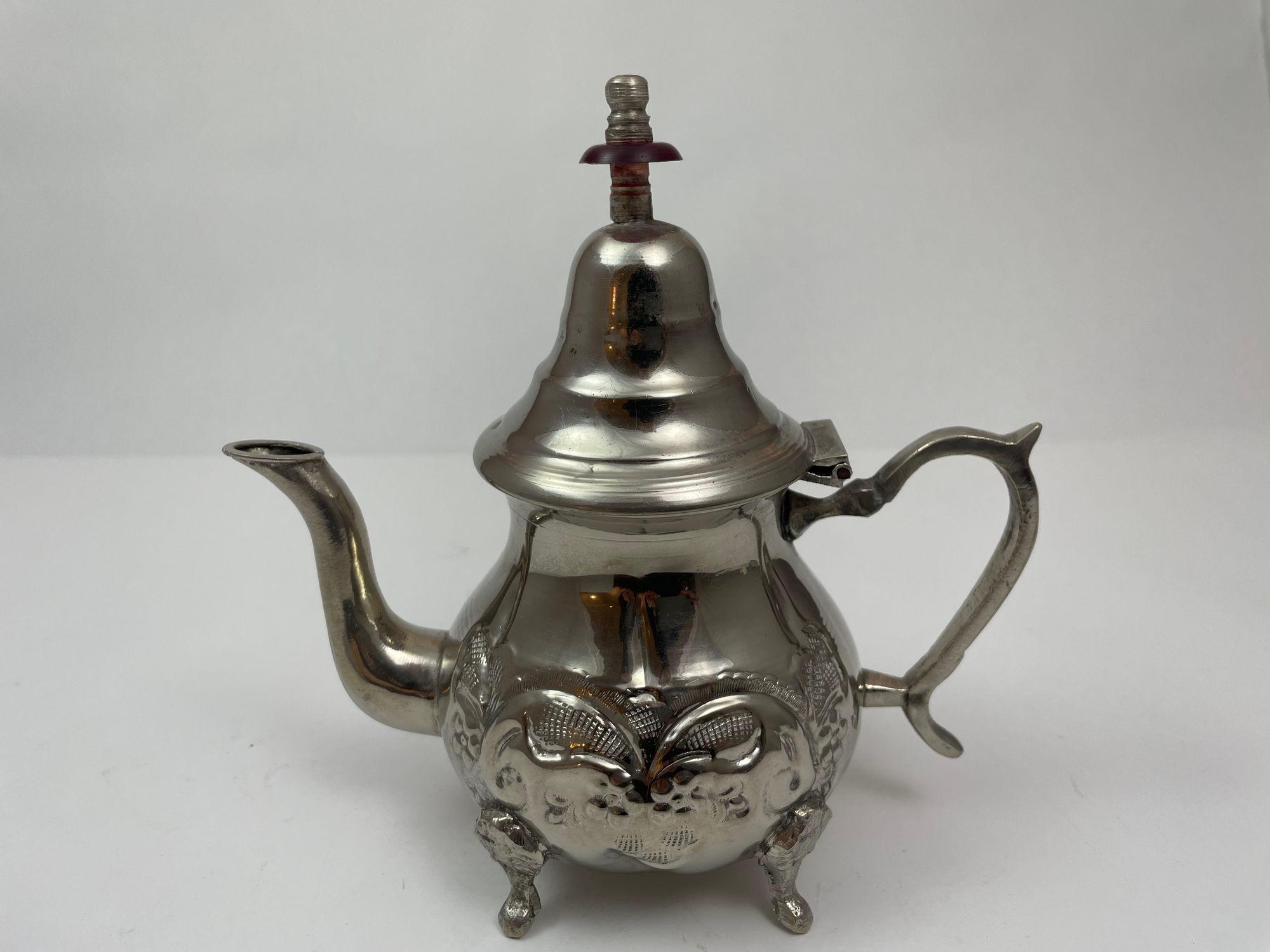 Vintage Moroccan Metal Silver Plated Tea Pot For Sale 10