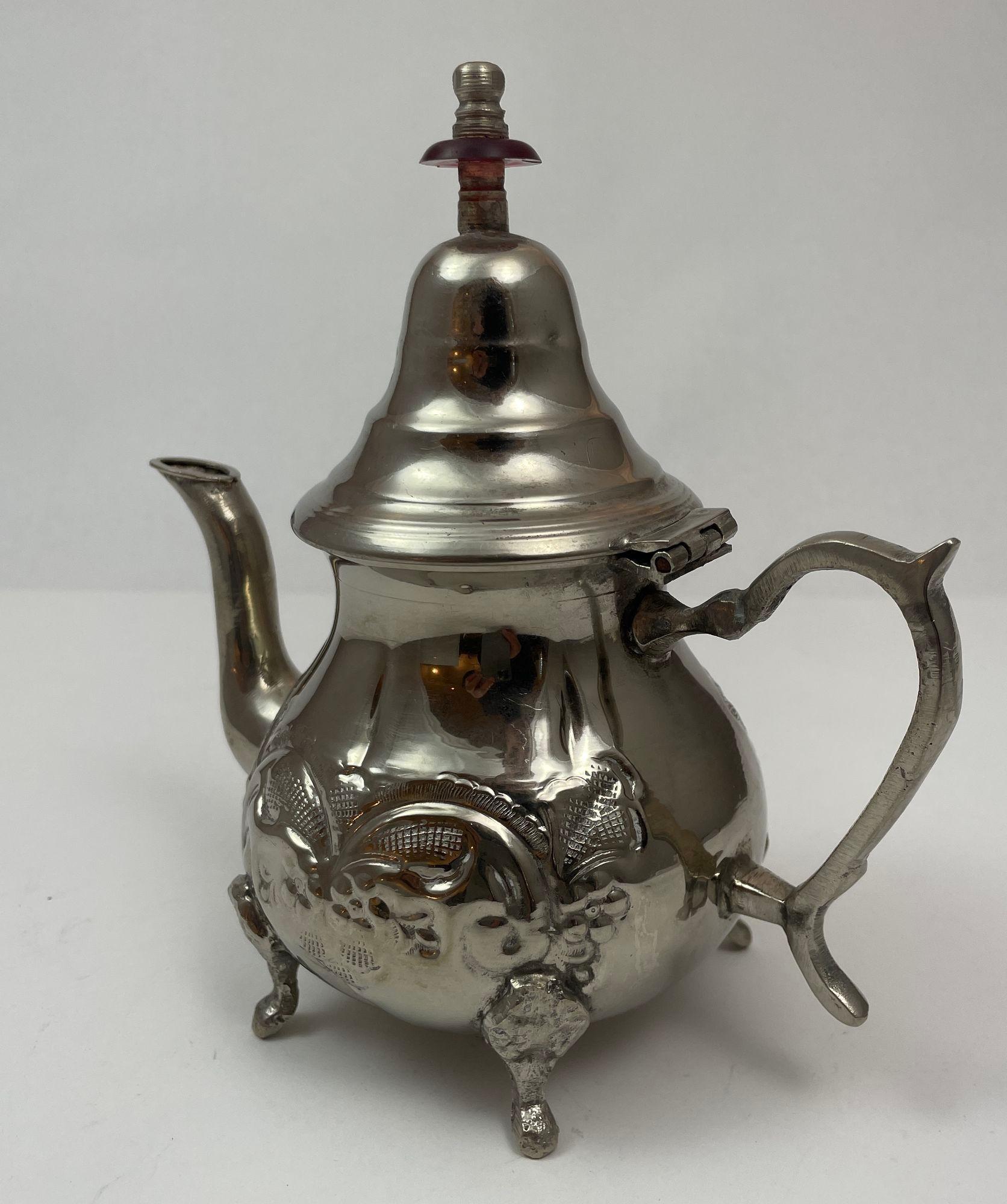 Hammered Vintage Moroccan Metal Silver Plated Tea Pot For Sale