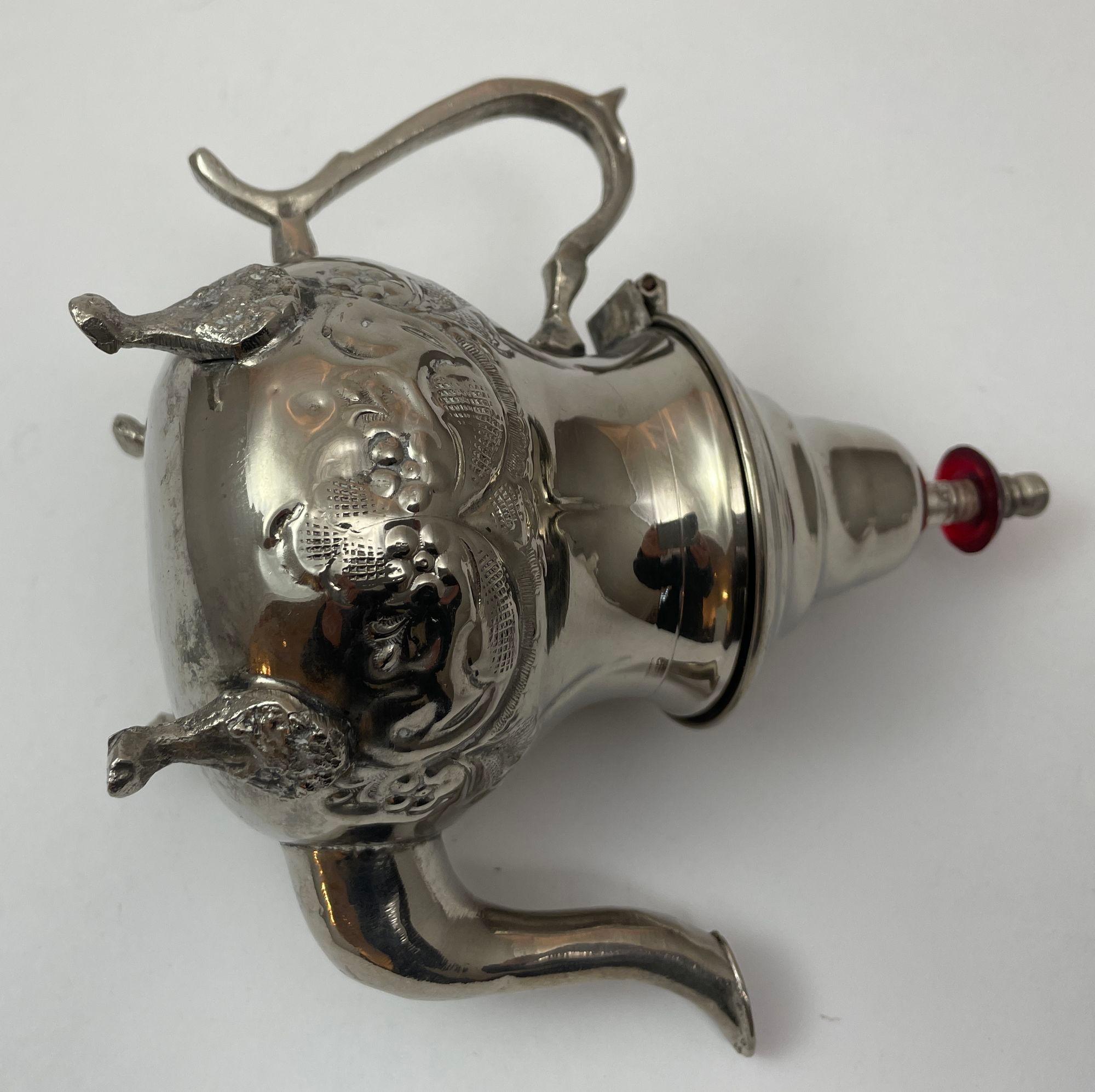Vintage Moroccan Metal Silver Plated Tea Pot For Sale 2